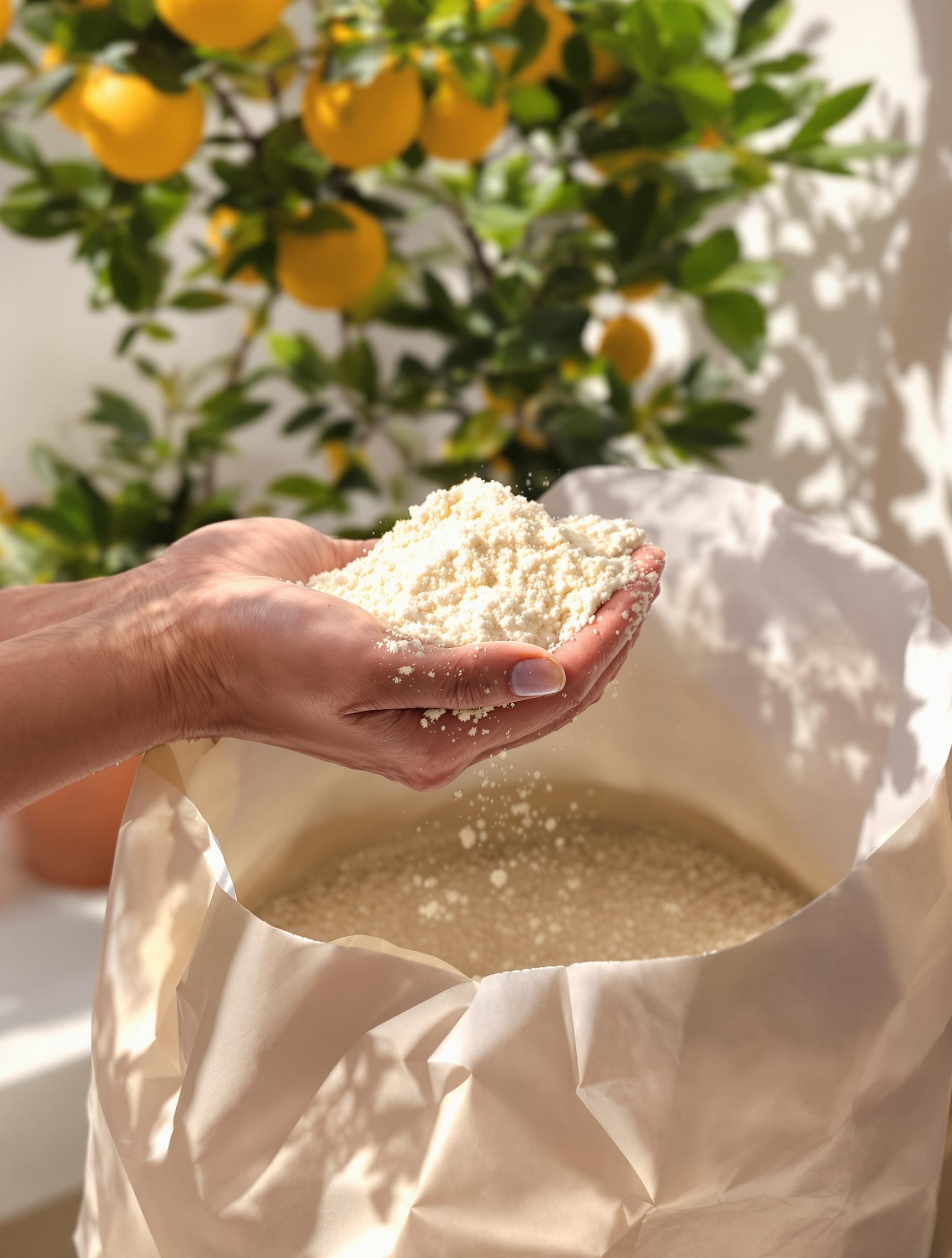 Sachet d’engrais pour agrumes ouvert, avec de la poudre méditerranéenne