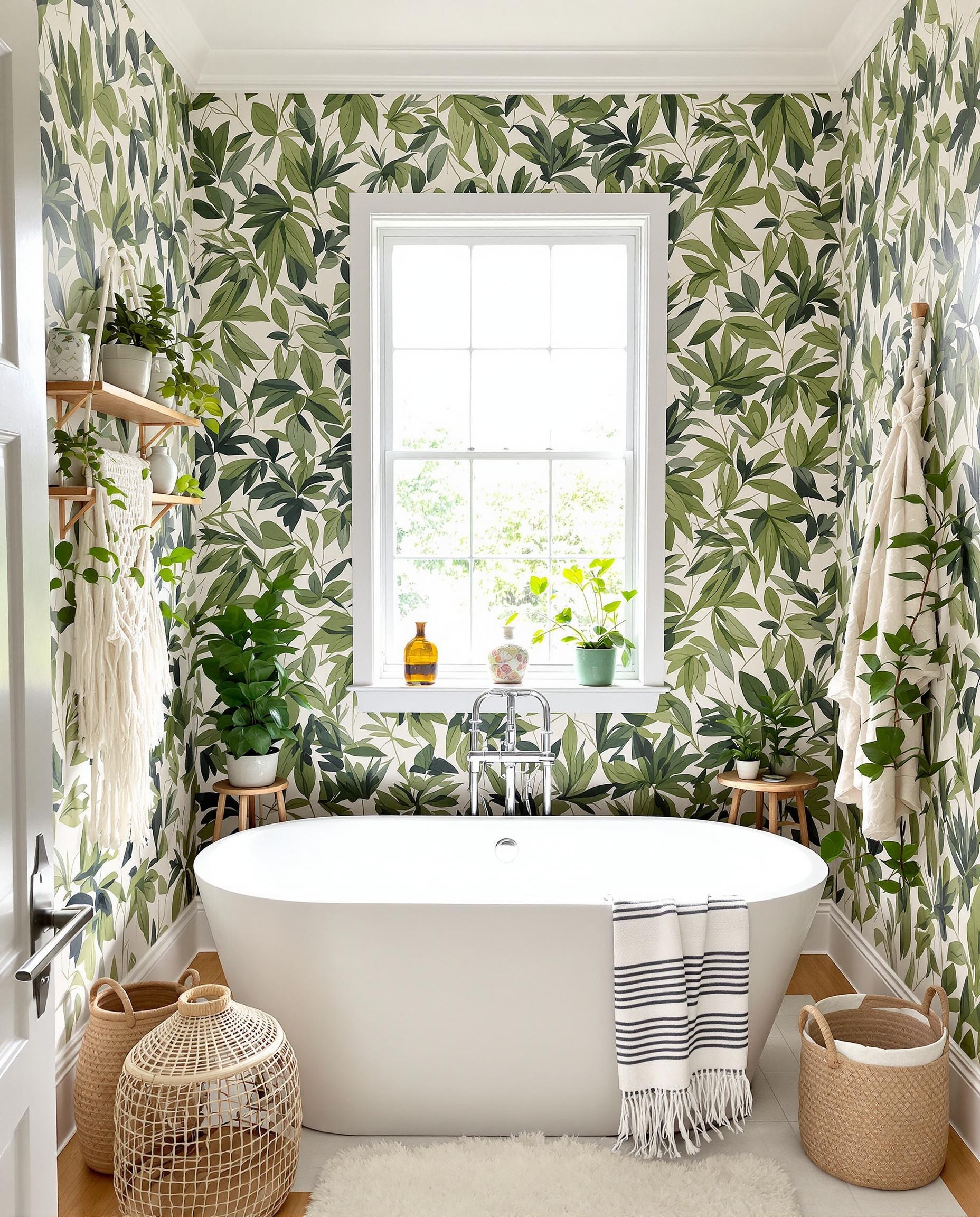 Salle de bain au style bohème chic avec un papier peint à motifs végétaux