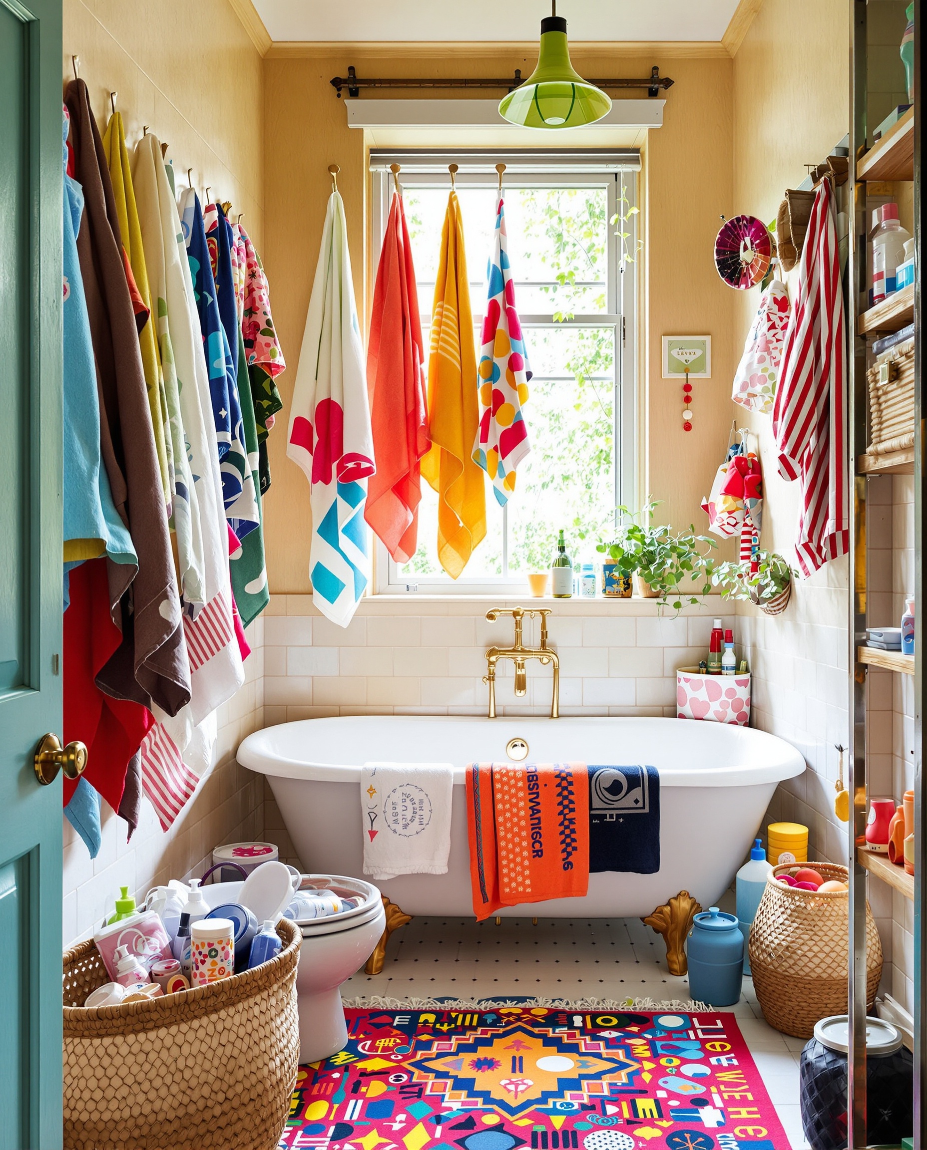 Salle de bain éclectique vivante serviettes dépareillées inspiration Julie Ranee Photography