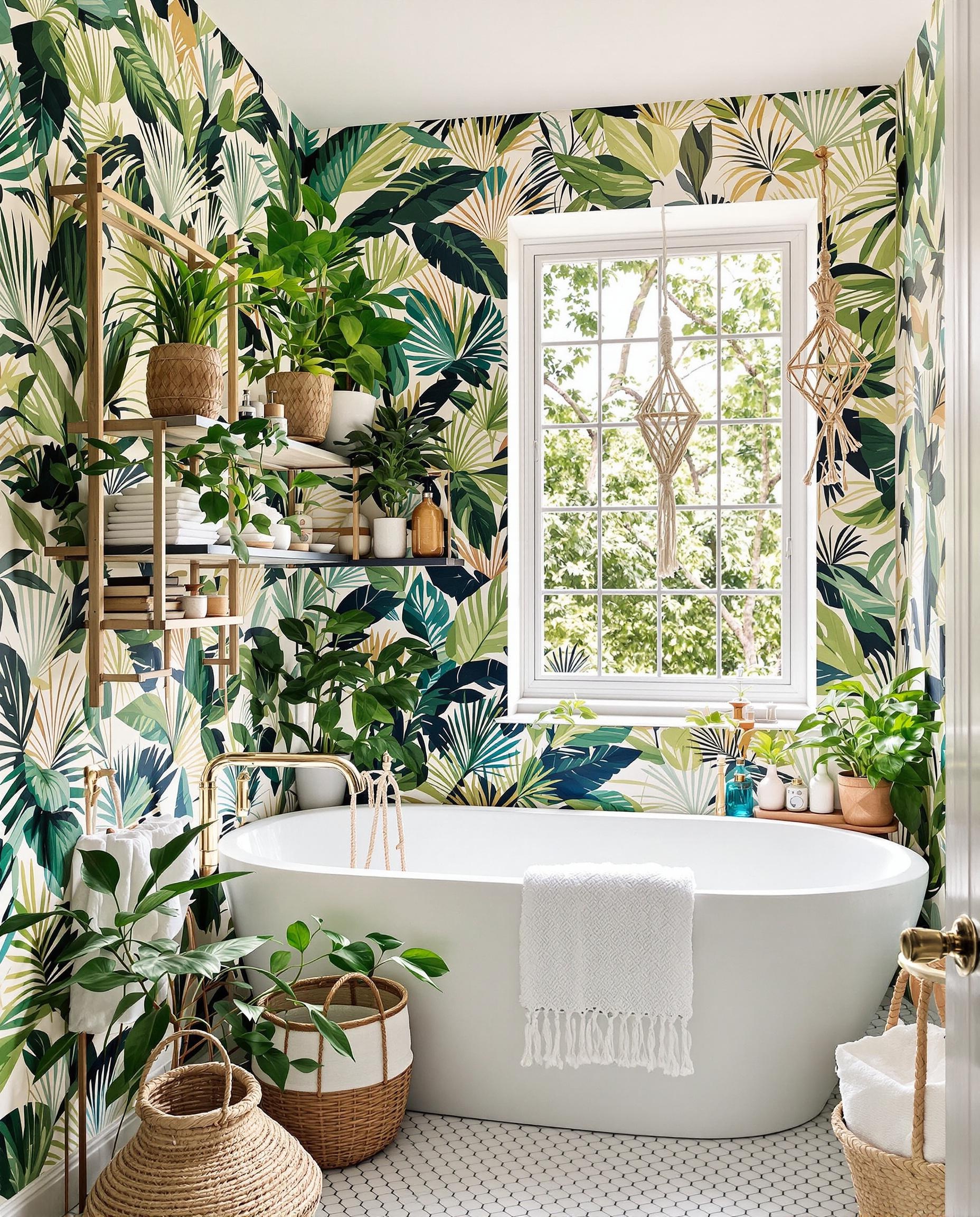 Salle de bain transformée avec un papier peint bohème chic
