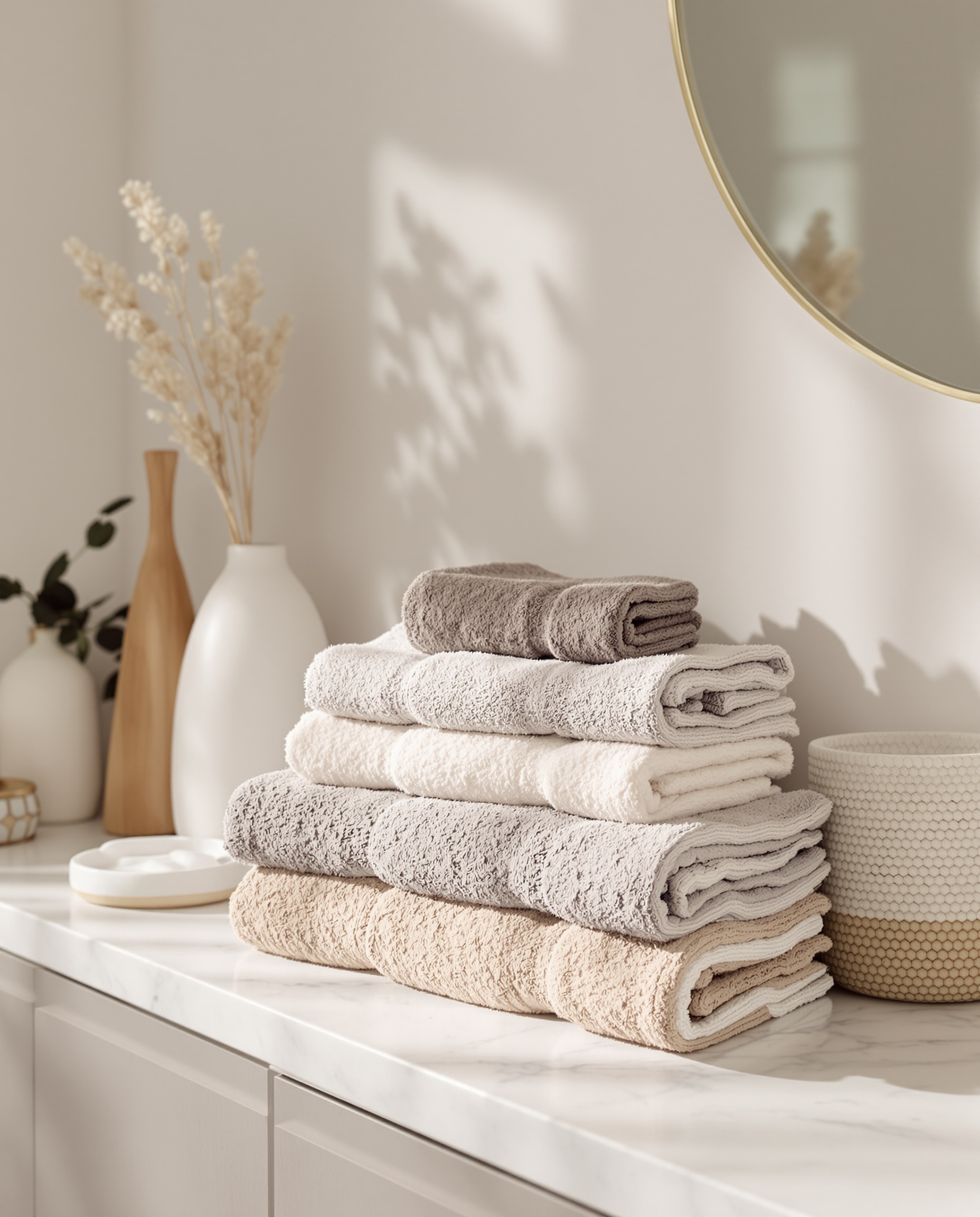 Salle de bain scandinave-bohème, serviettes textures et couleurs superposées