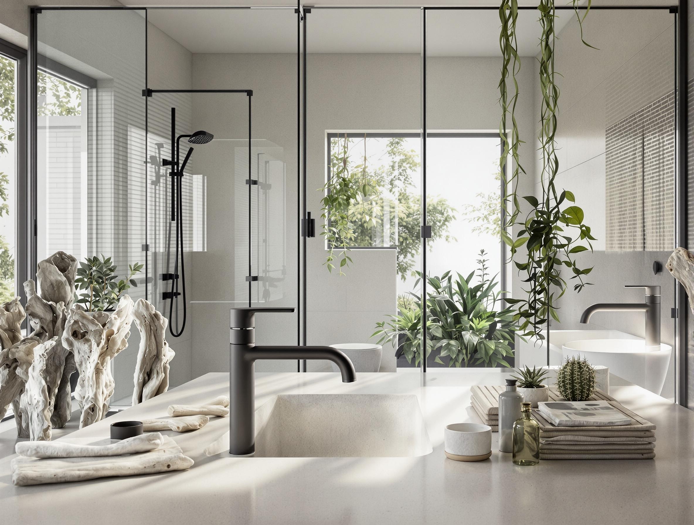 Salle de bains moderne avec mitigeur noir mat et décoration en bois flotté.