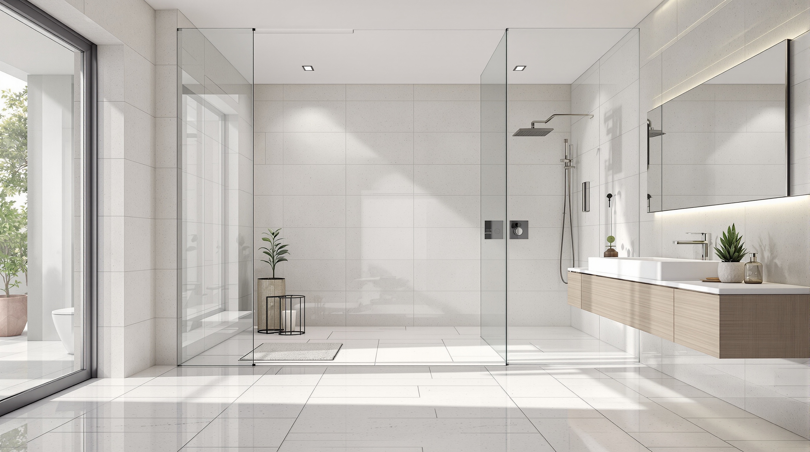 Salle de bain contemporaine avec douche à l'italienne (plain-pied, carrelage continu).