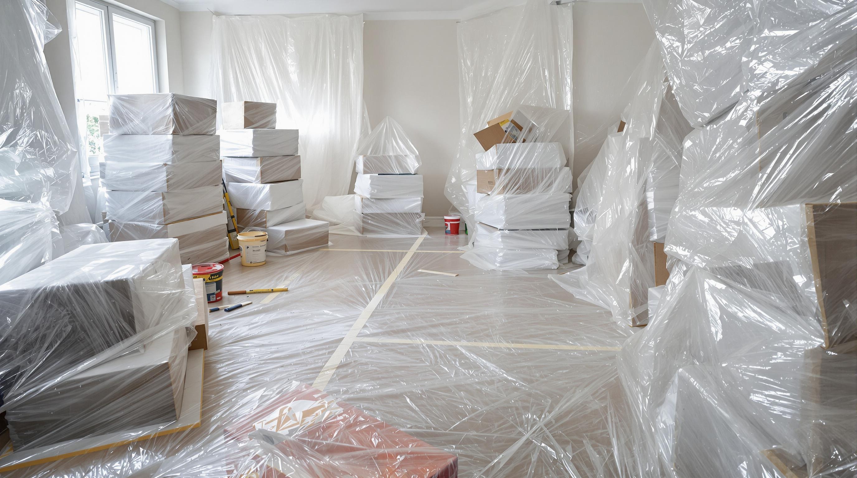 Salon protégé avec des bâches pour le lessivage des murs