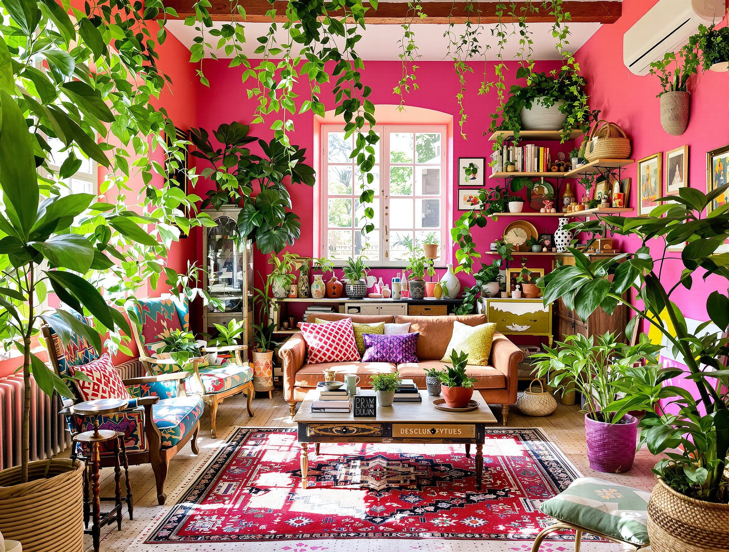 Salon bohème, désordre maîtrisé, murs colorés et meubles dépareillés, liberté du proprio.