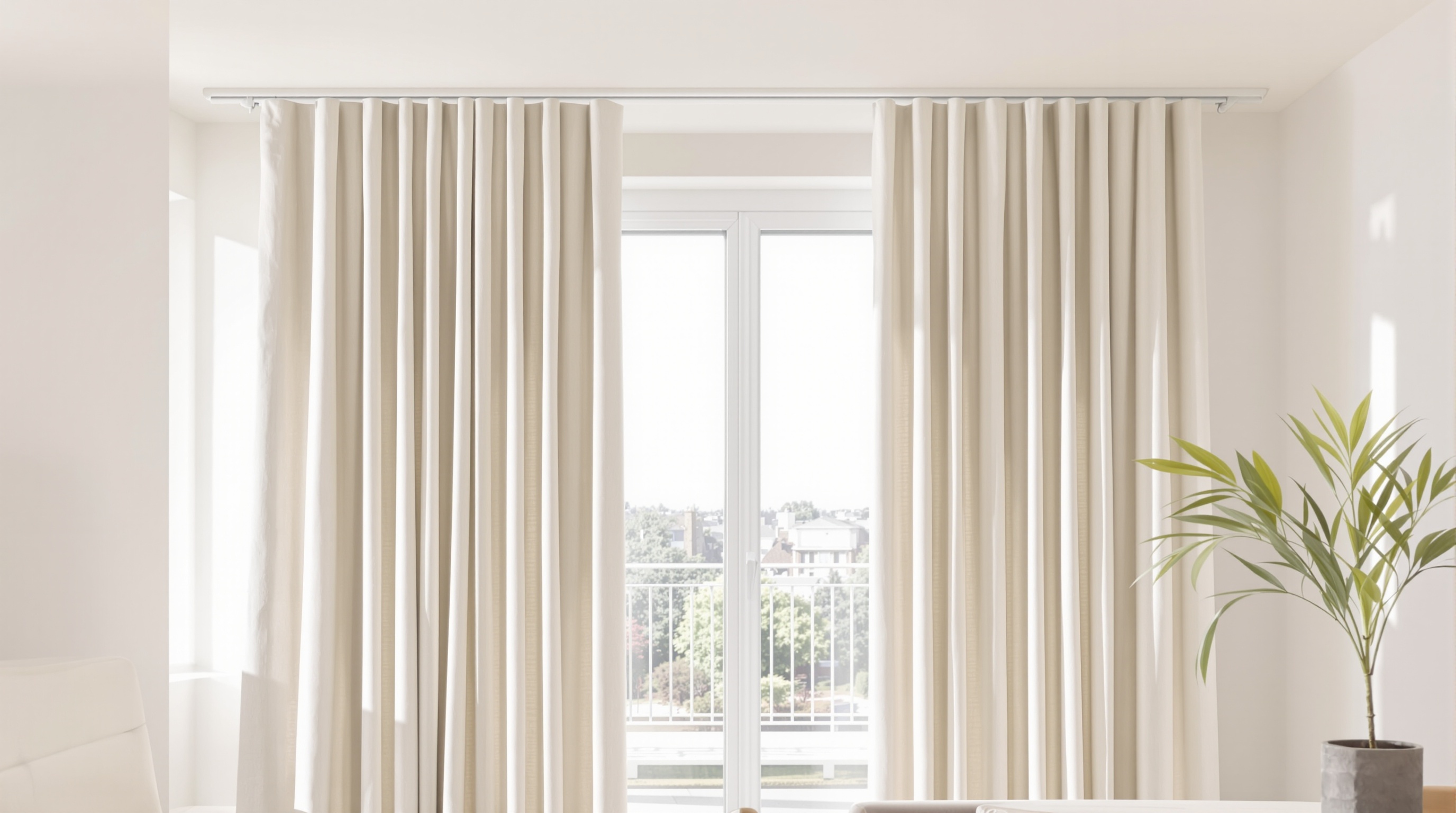 Salon contemporain lumineux avec grande baie vitrée et rideaux beige clair suspendus sur un rail blanc quasi invisible au plafond.
