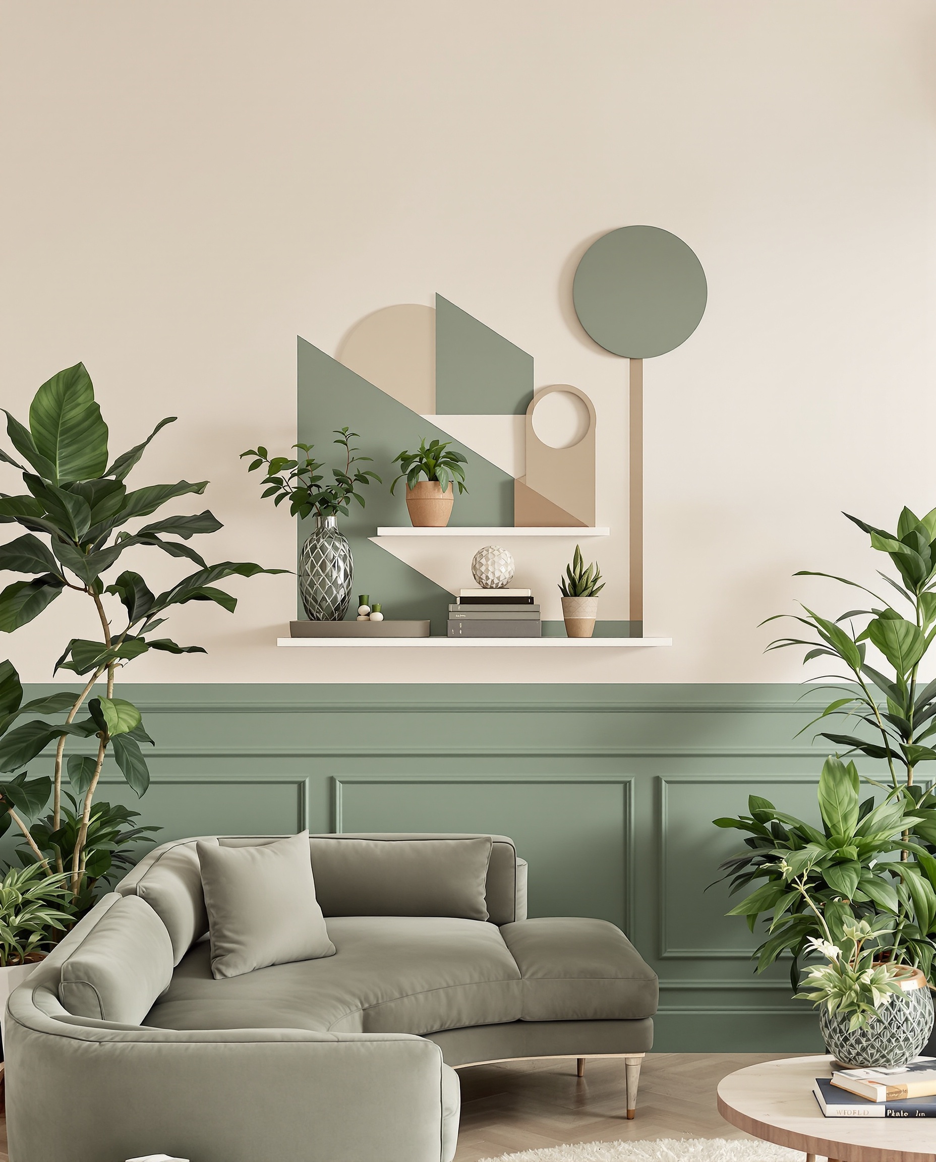 Salon bicolore avec soubassement vert sauge mat et partie haute beige clair avec motifs géométriques.