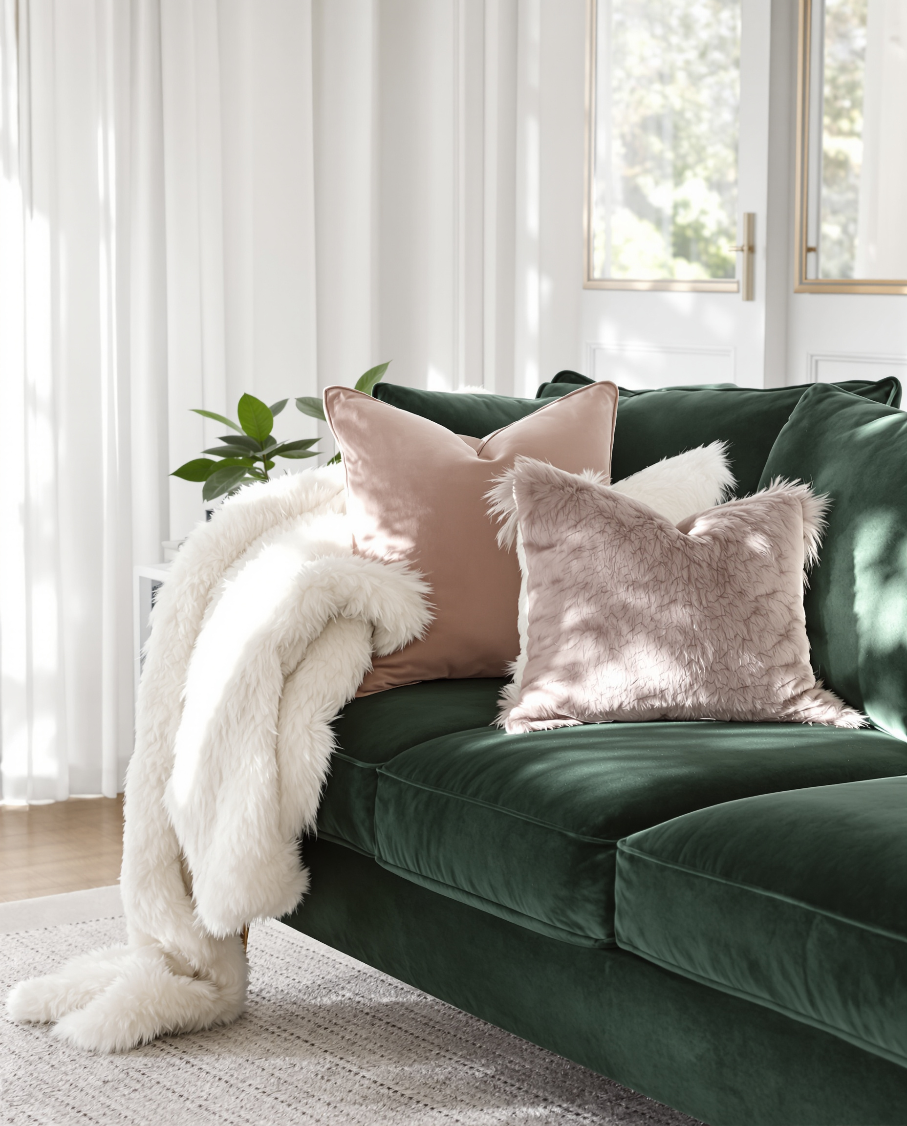 Canapé velours vert avec coussins vieux rose et beige, plaid écru fausse fourrure, tapis large.