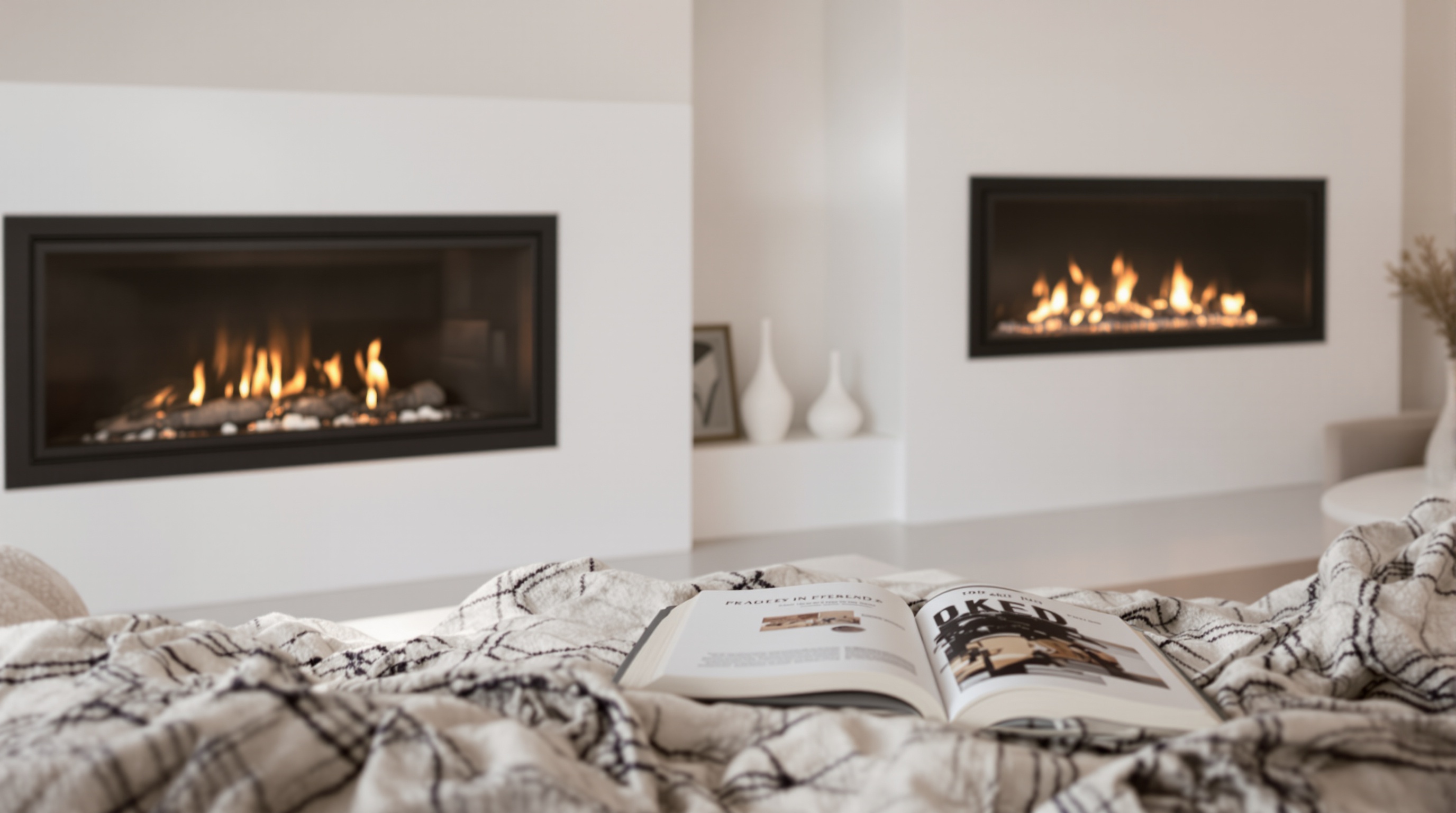 Salon contemporain avec cheminée au bioéthanol, ambiance slow living cocooning.