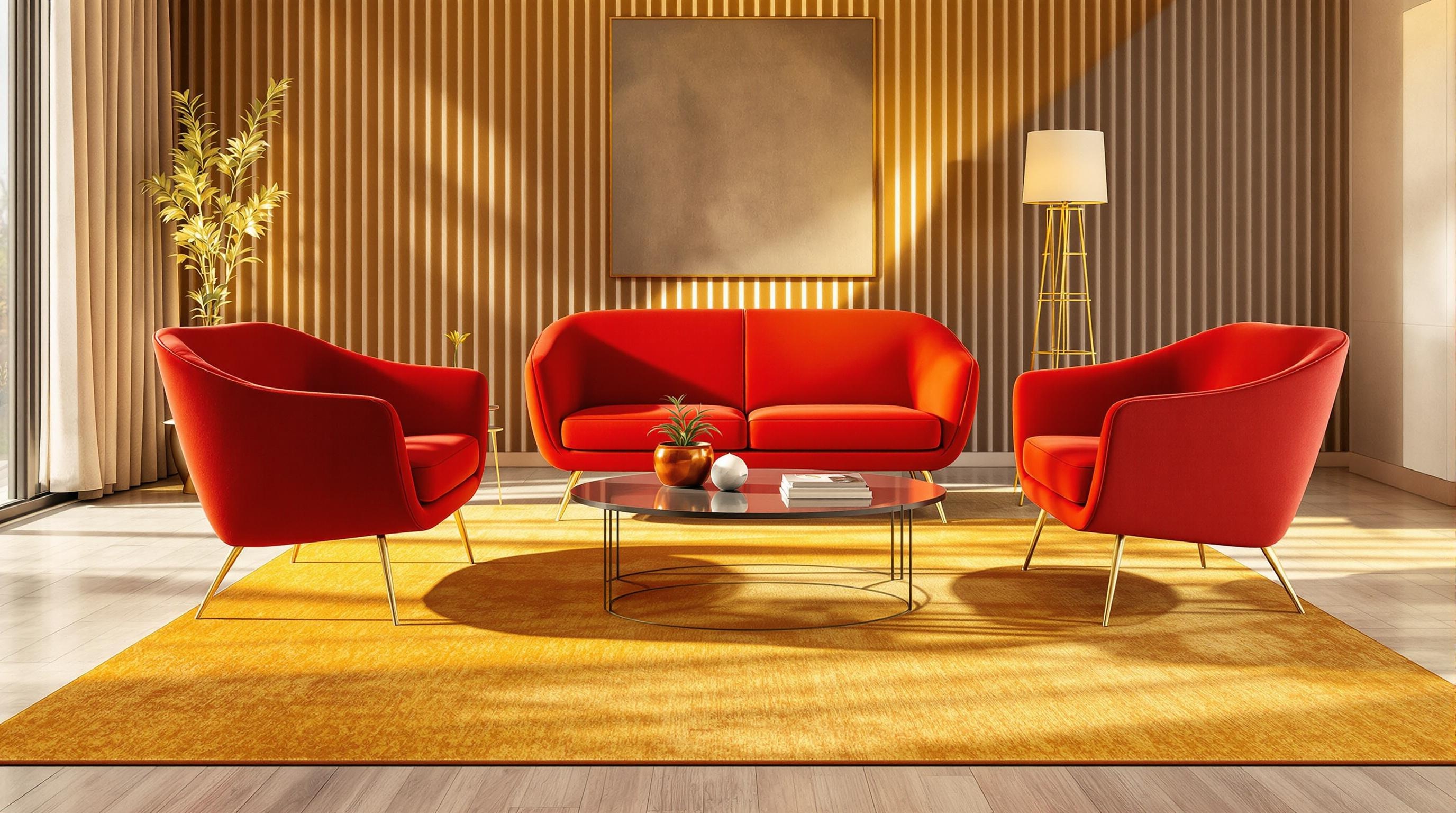 Exemple de salon dynamique avec fauteuils rouges, tapis jaune moutarde et orange brûlé