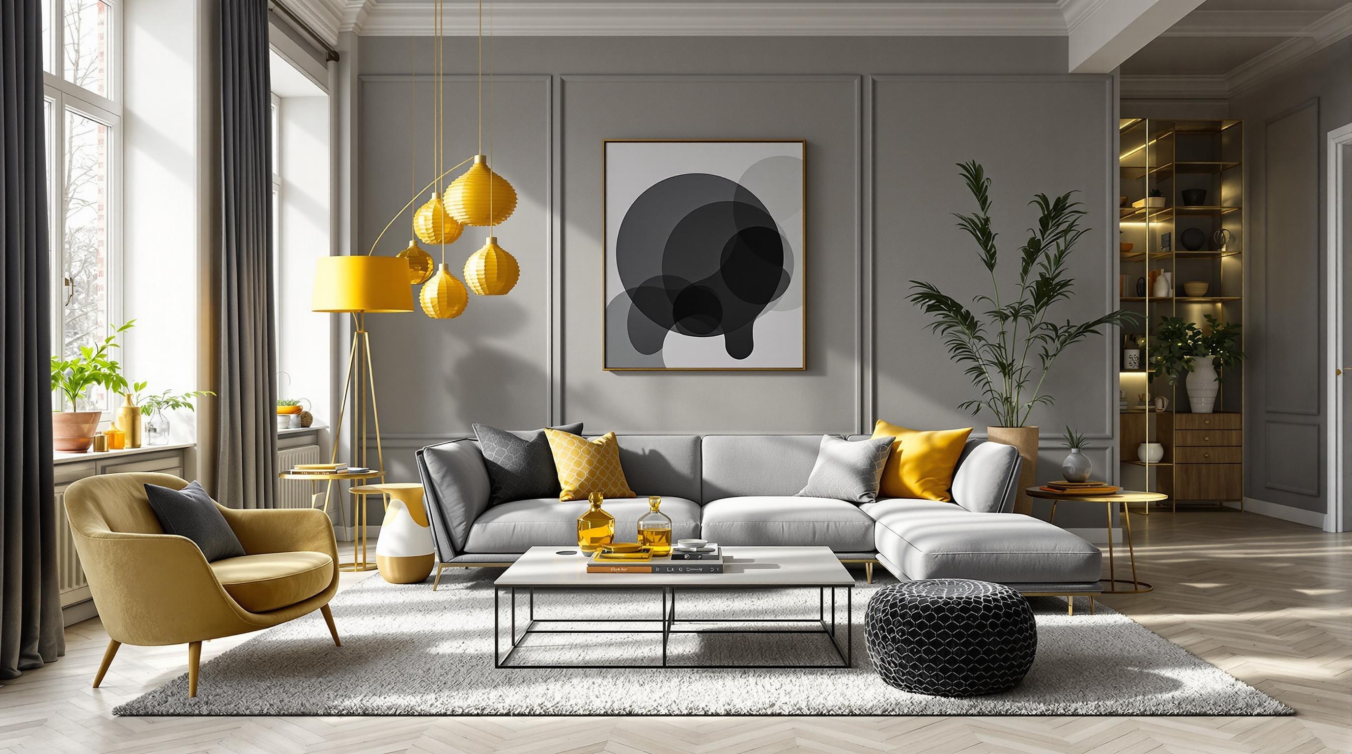 Un salon moderne où le gris dynamise des accessoires colorés et des matières variées