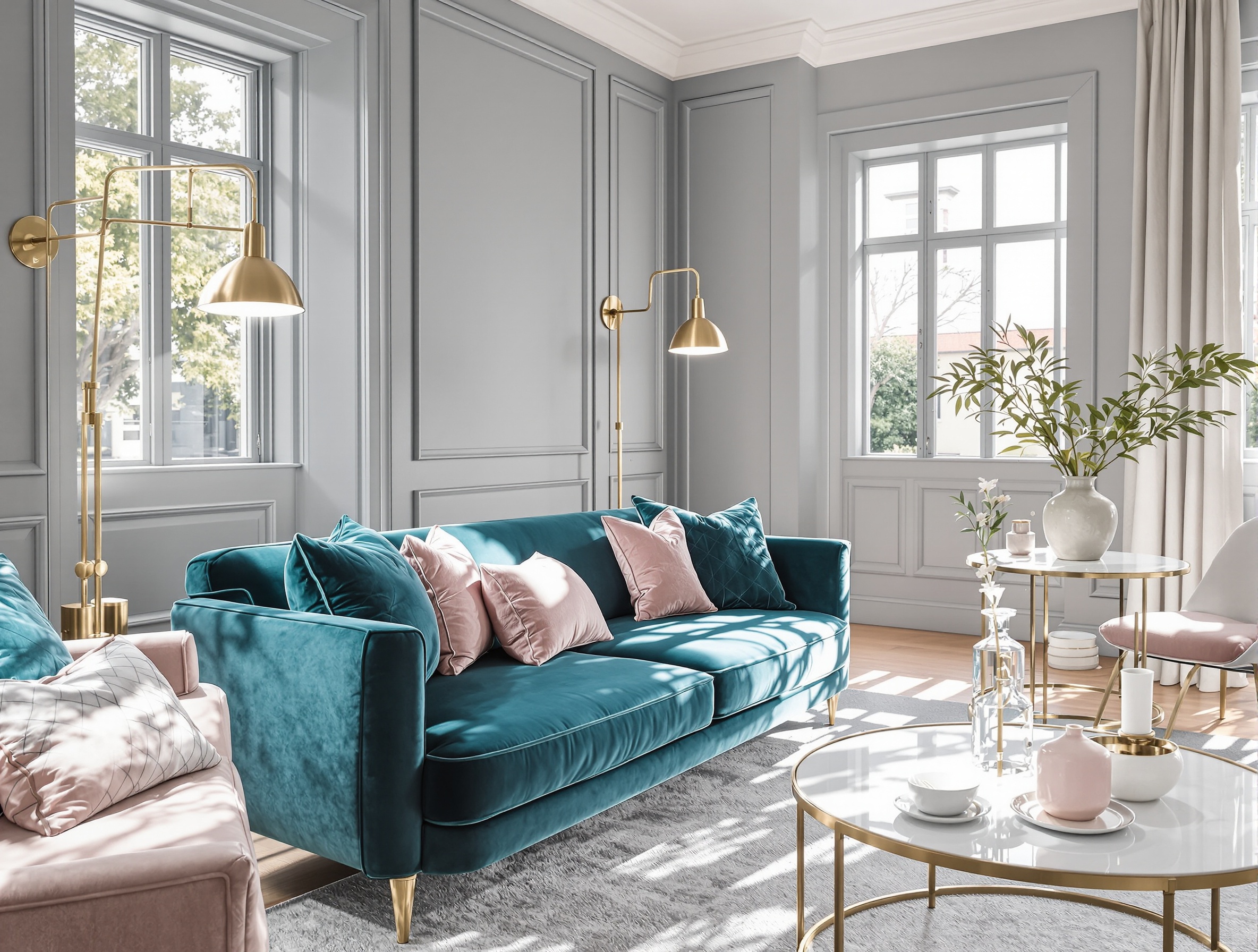 Salon élégant avec mur gris moyen, canapé en velours bleu canard, coussins rose poudré et éléments en laiton.