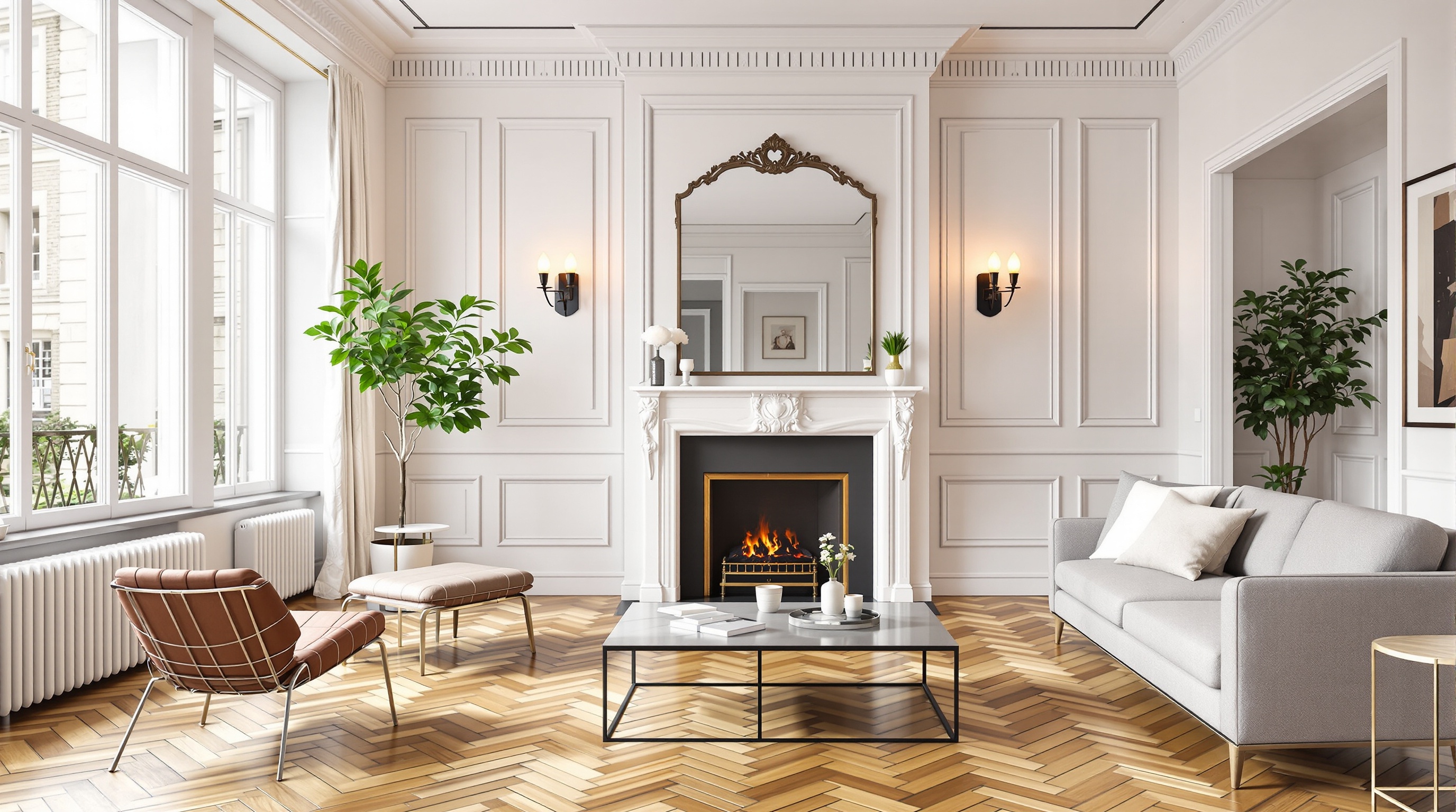 Salon contemporain, moulures décoratives, fausse cheminée électrique, sol vinyle imitation parquet à chevrons