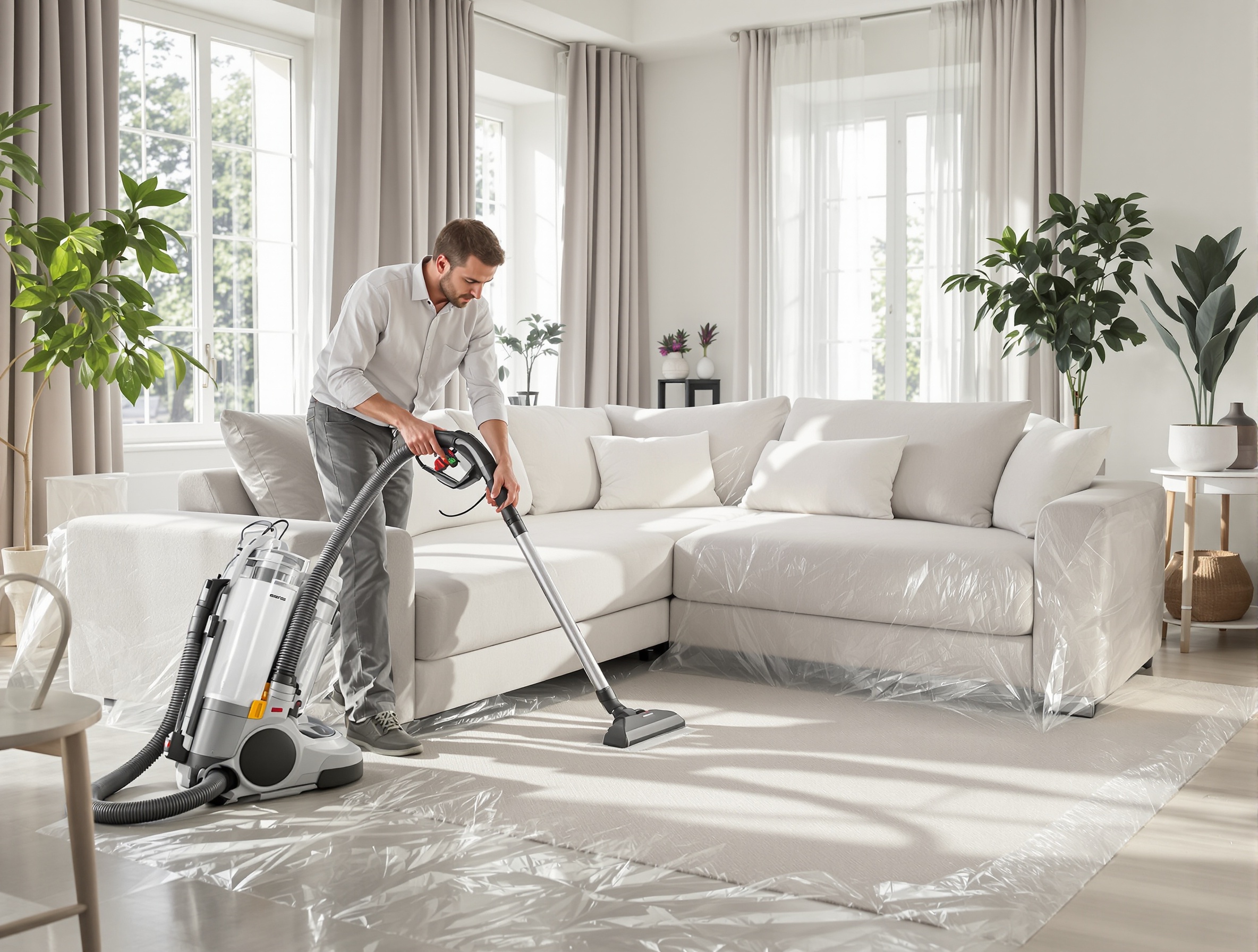 Préparation d’un canapé pour nettoyage shampouineuse, aspirateur et bâche