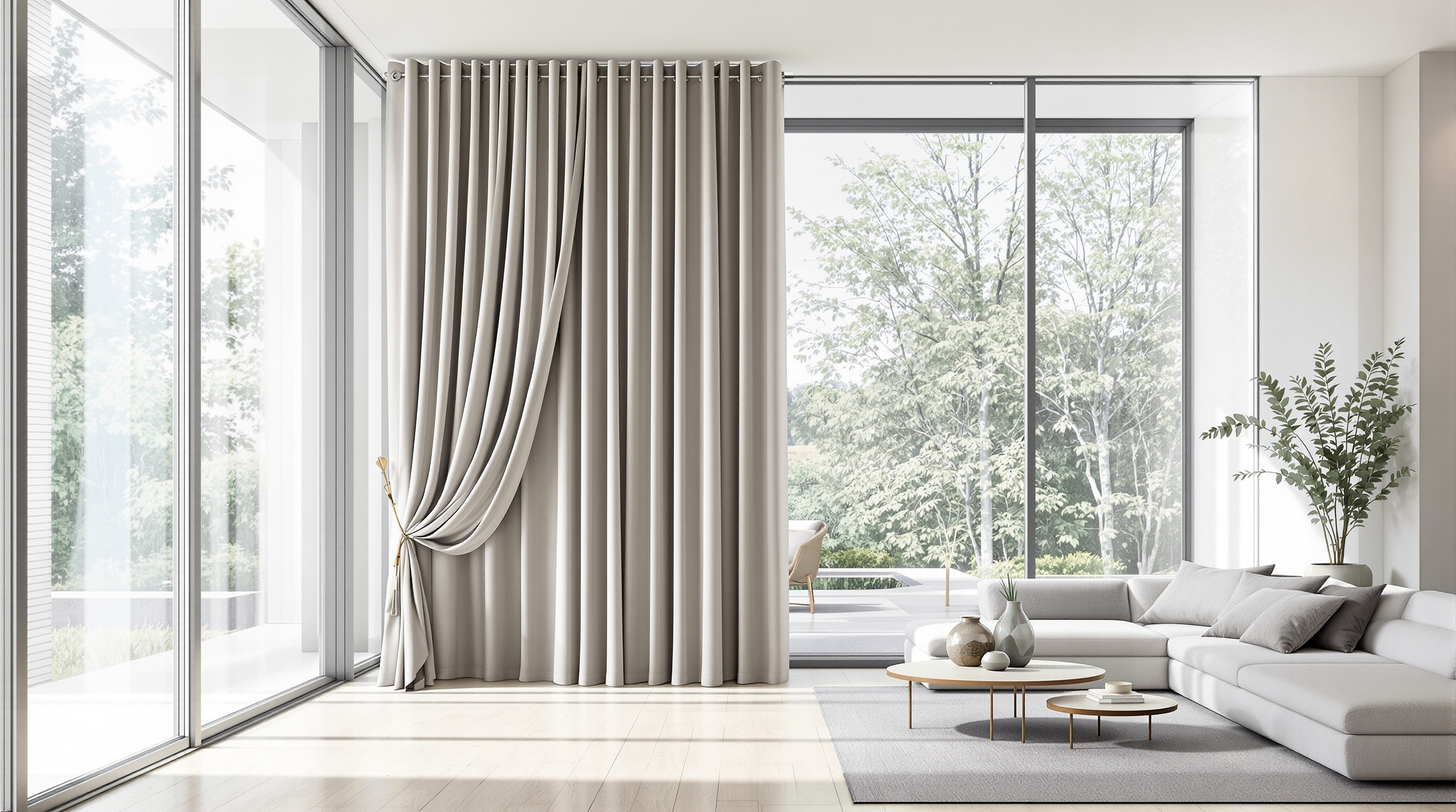 Un salon contemporain avec une immense baie vitrée. Un rideau thermique de couleur neutre (lin ou gris clair) est tiré sur un côté, montrant comment il peut s'intégrer à une décoration soignée tout en étant prêt à combattre la chaleur.