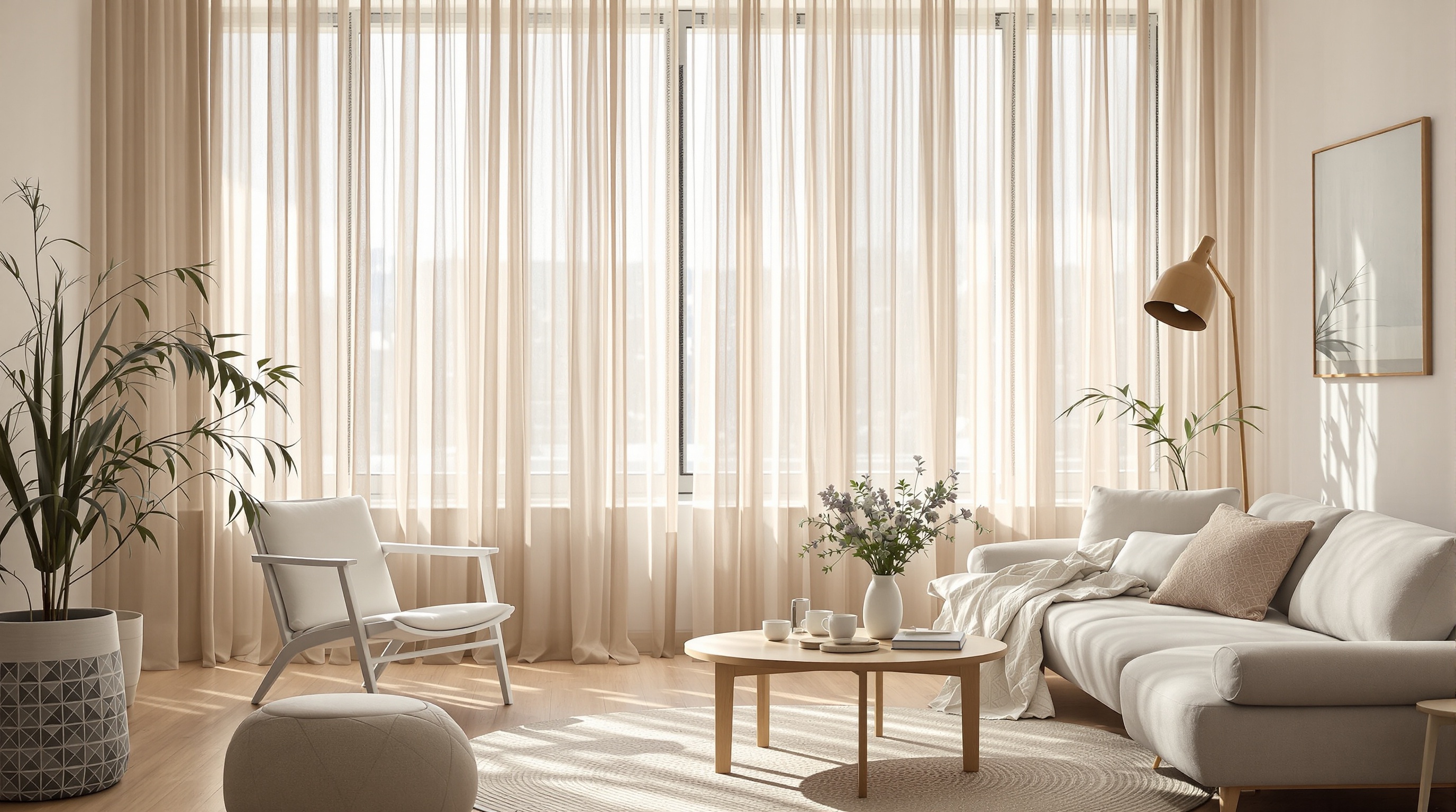 Rideaux en lin lavé beige et voilages en gaze de coton dans salon scandinave lumineux