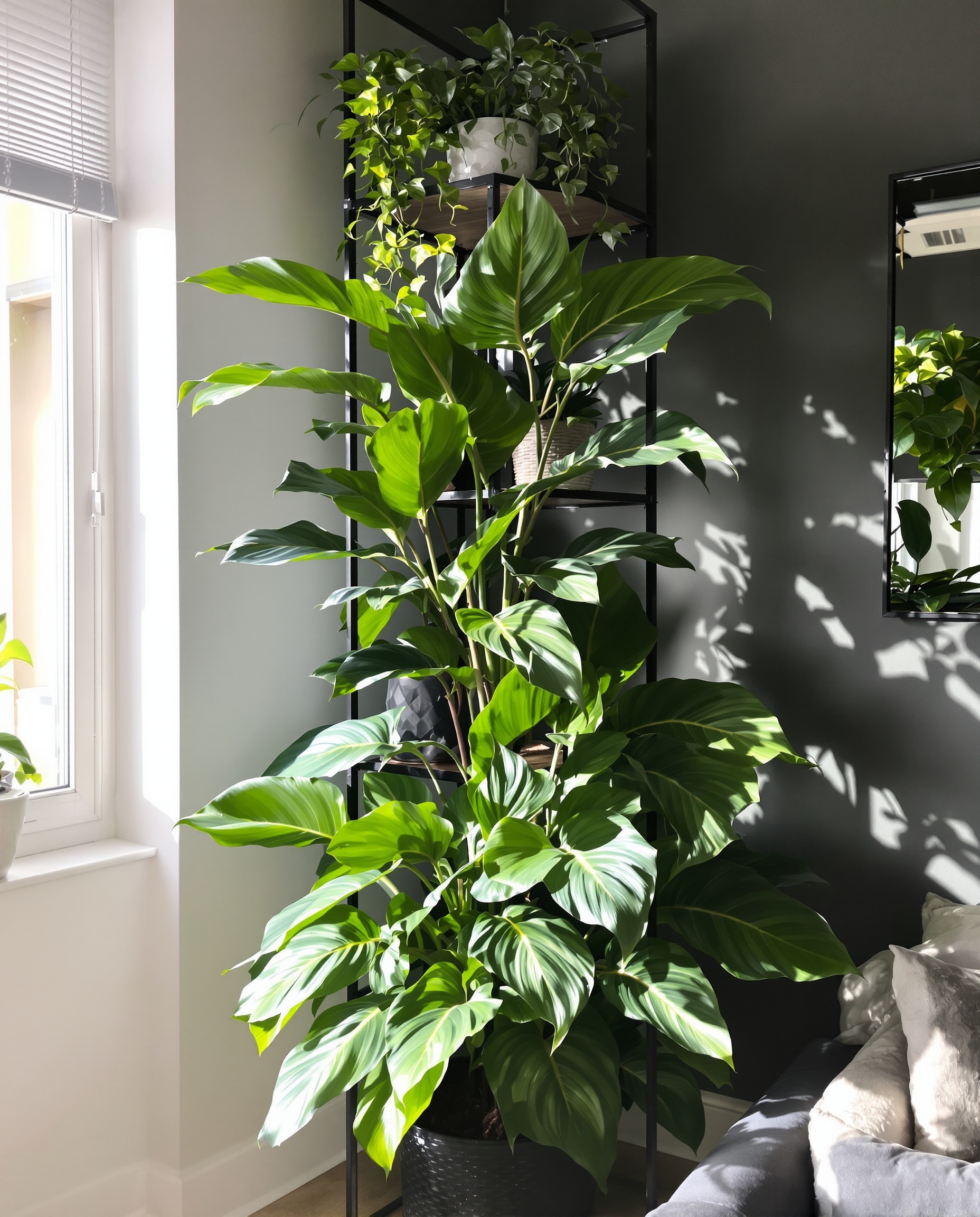 Étagère d'angle salon noir grande plante verte Strelitzia