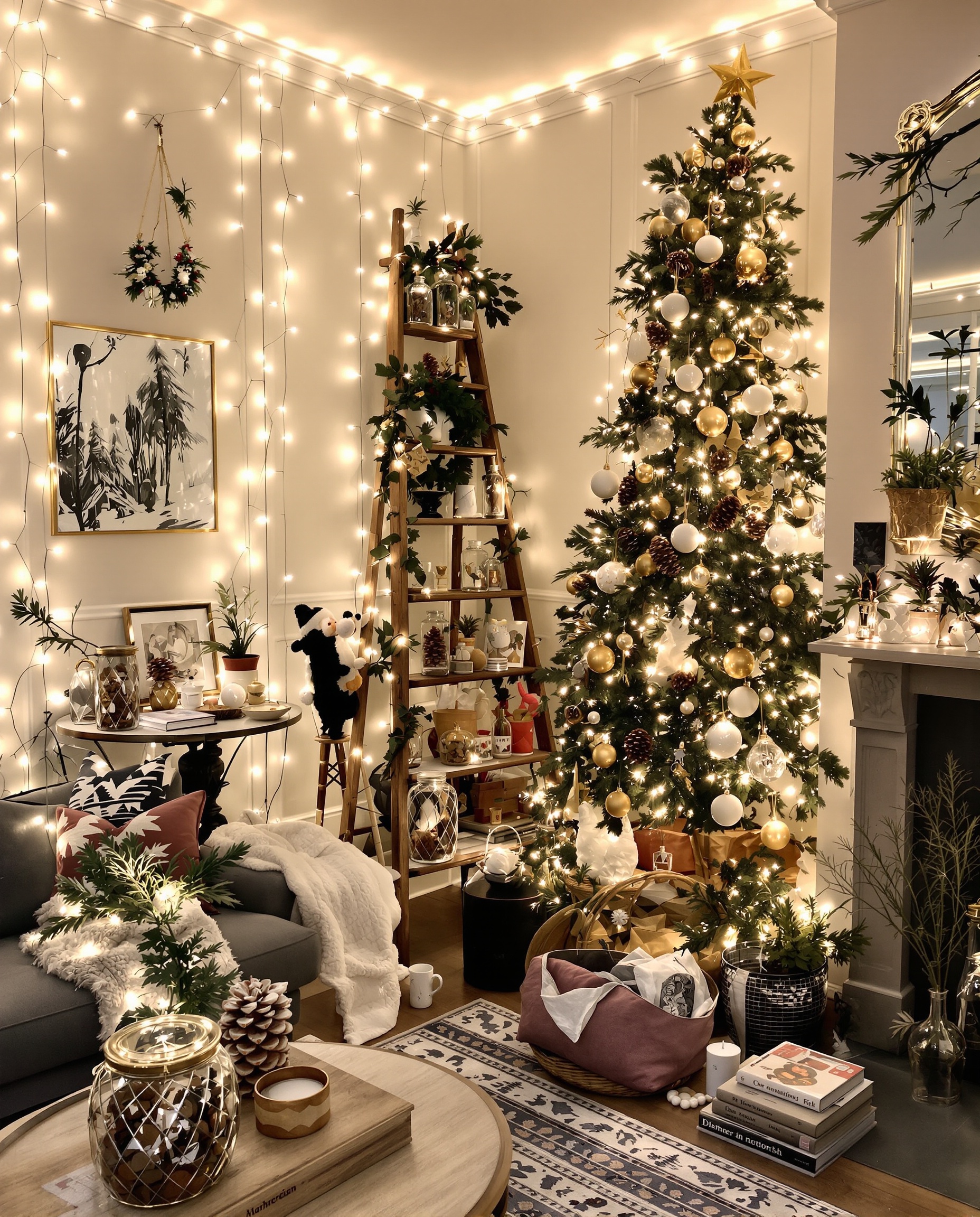 salon noël décalé guirlandes blanc chaud échelle sapin pommes de pin couleurs limitées