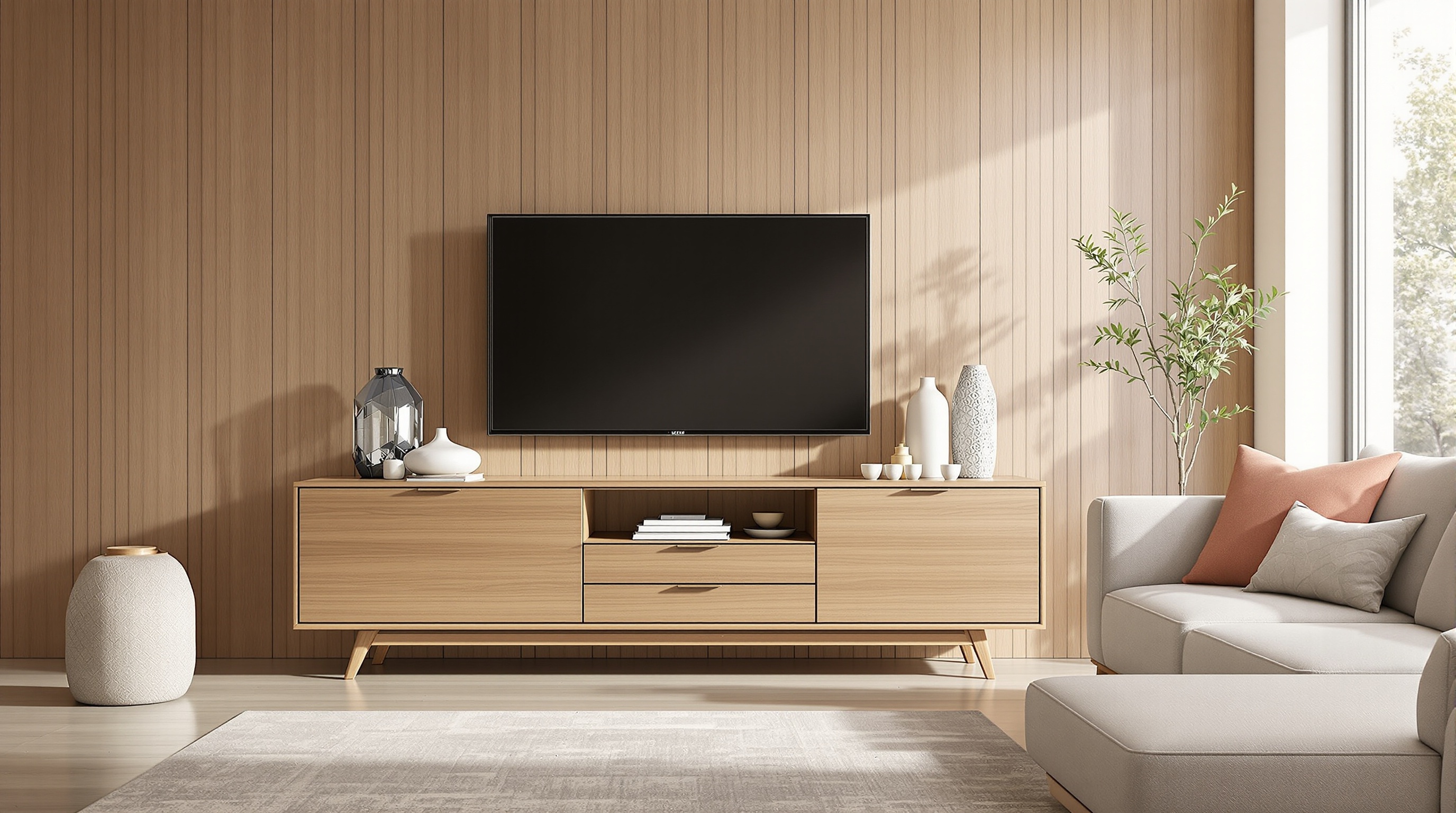 buffet enfilade chêne massif salon contemporain proportionné