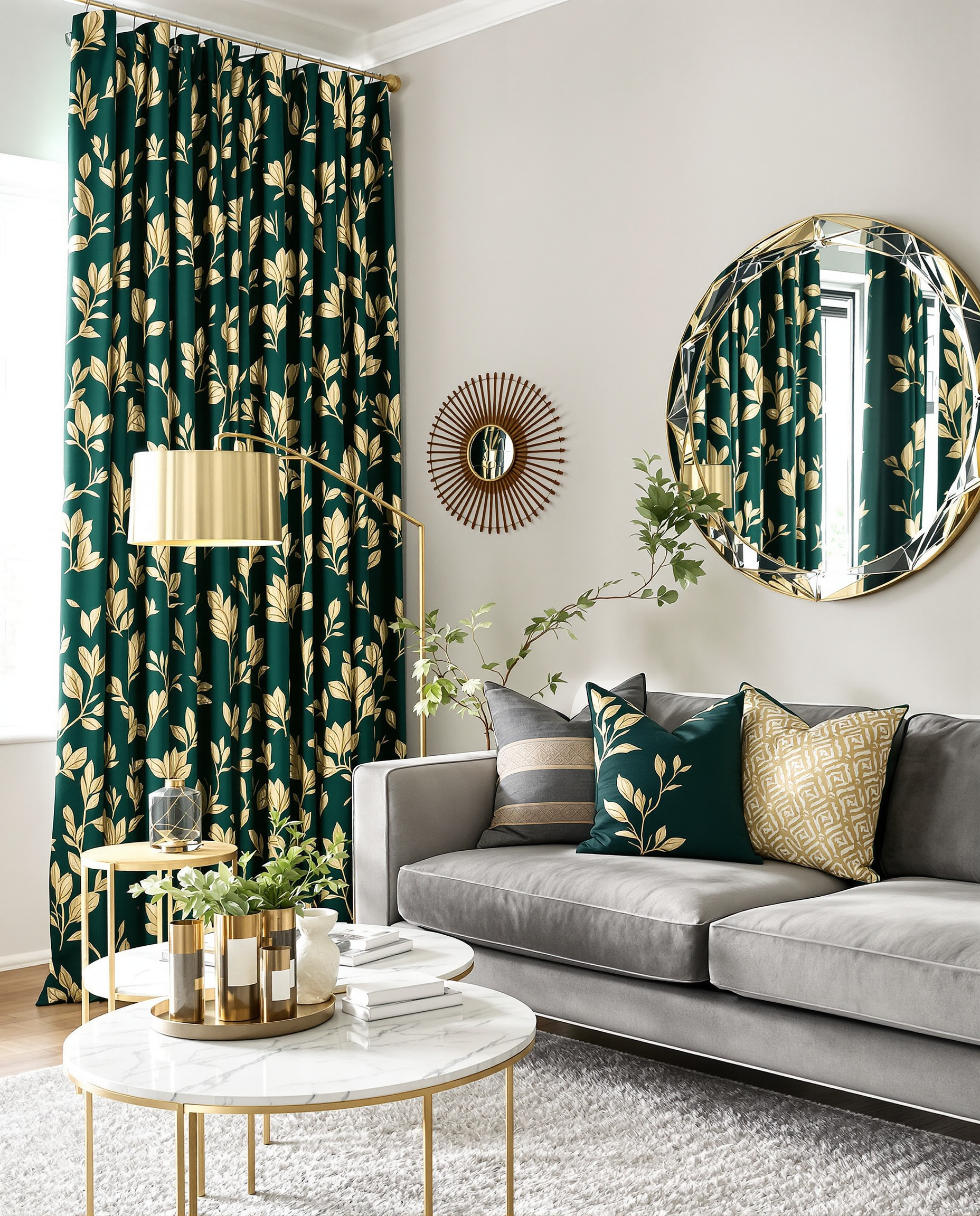 Un salon harmonieux où des rideaux vert sapin à motifs de feuilles dorées encadrent une fenêtre. Le rappel de l'or se fait par des objets déco : un miroir soleil, les pieds d'une table basse en marbre et un luminaire. Un canapé gris neutre équilibre l'ensemble.