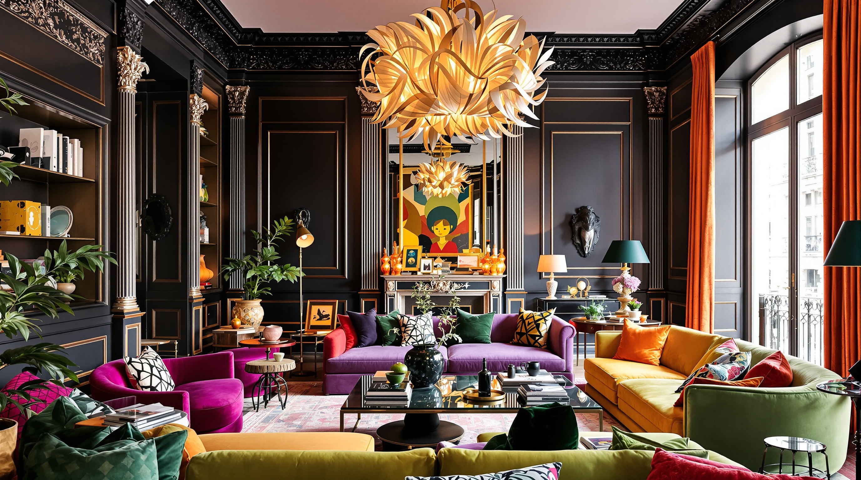 Salon haussmannien revisité mêlant mobilier moderne couleurs vives et moulures historiques