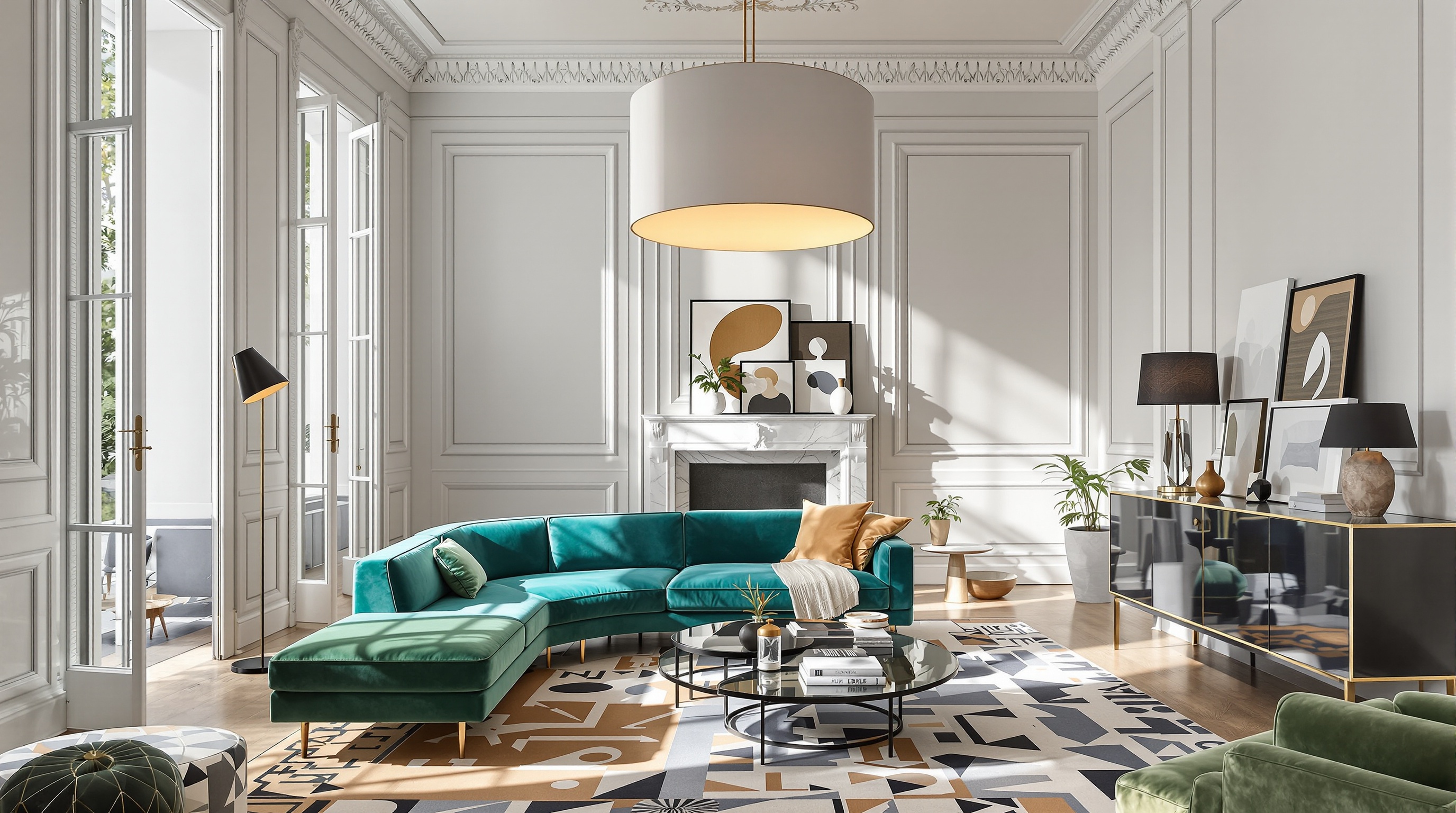 Ambiance salon haussmannien modernisé mêlant moulures anciennes suspension XXL mobilier design contemporain.
