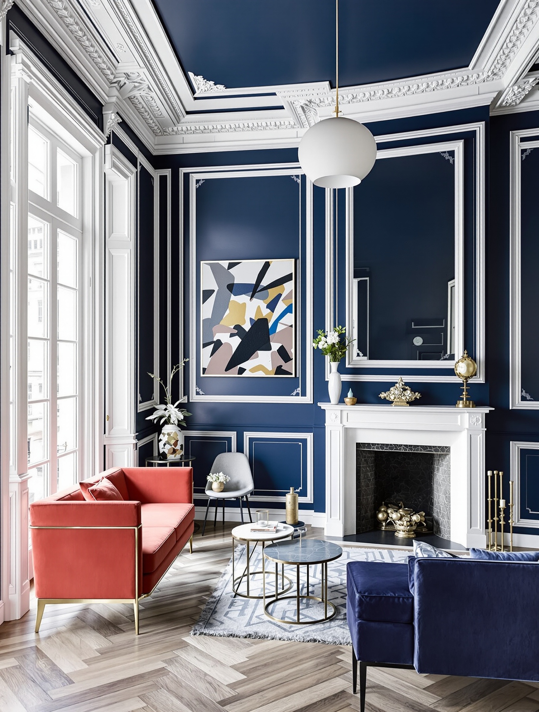 Salon haussmannien Paris bleu profond moulures blanches suspension design