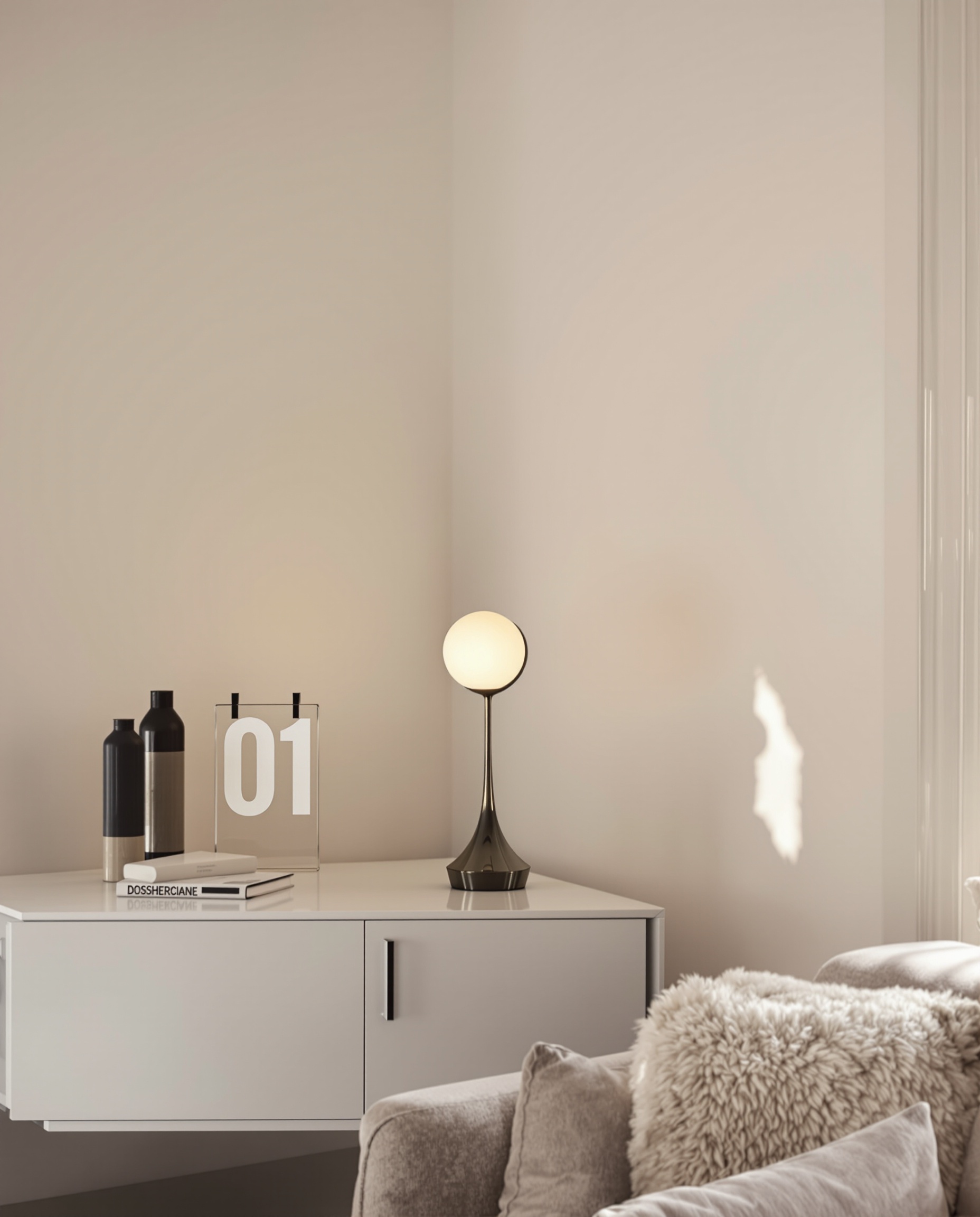 Coin de salon simple transformé par un unique luminaire design italien type Eclisse Artemide.