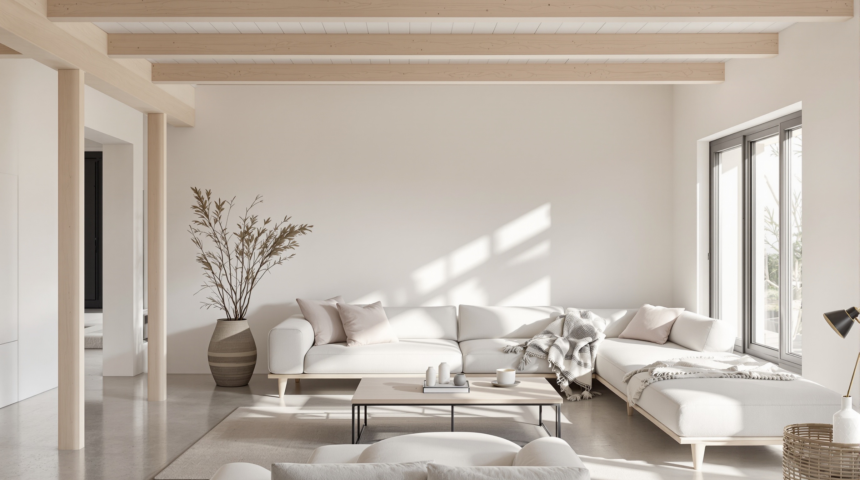 Salon Japandi poutres bois clair béton ciré minimaliste