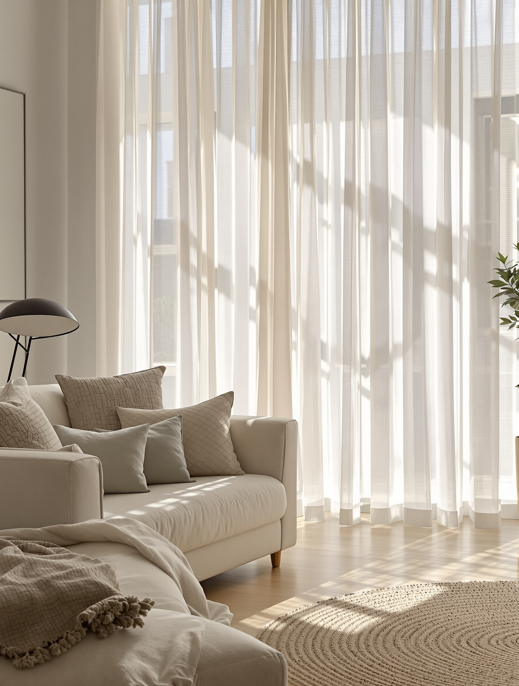 Salon lumineux, rideau blanc transparent en lin sculptant la lumière et mettant en valeur le mobilier.