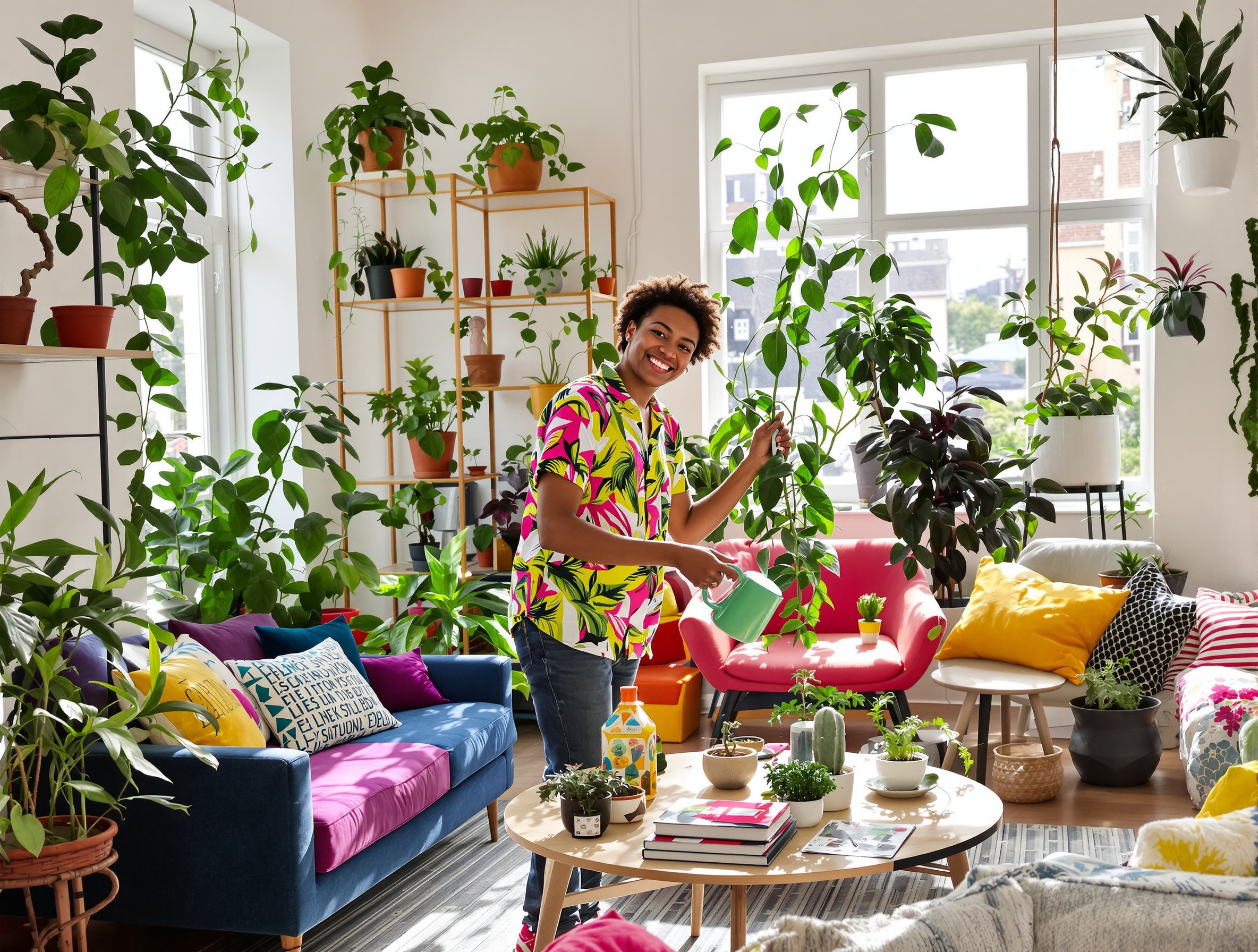 Salon moderne coloré, plantes variées, ambiance joyeuse et déco dépareillée. Une personne arrose une plante avec le sourire.