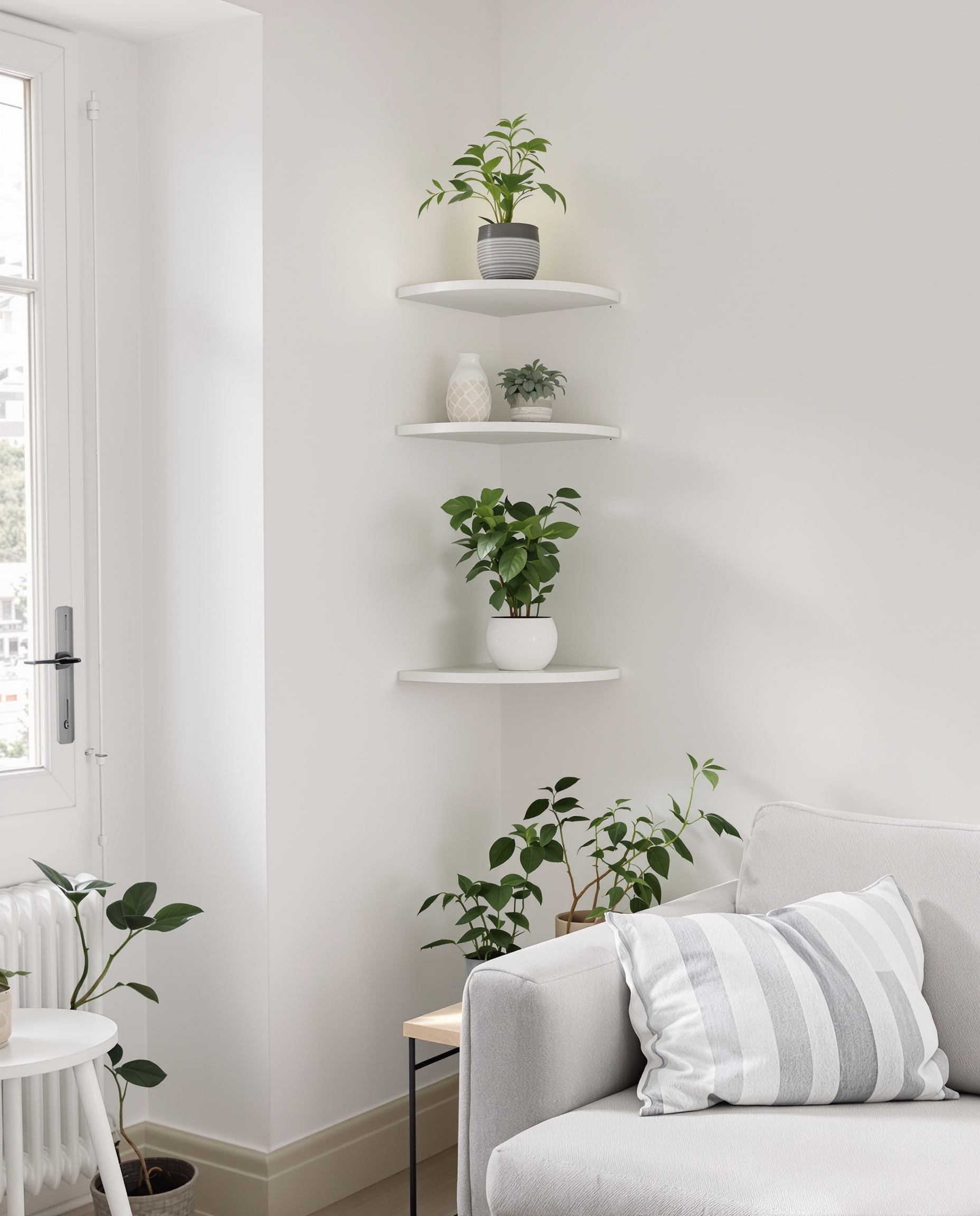 Étagère d'angle minimaliste avec plantes dans un salon optimisé