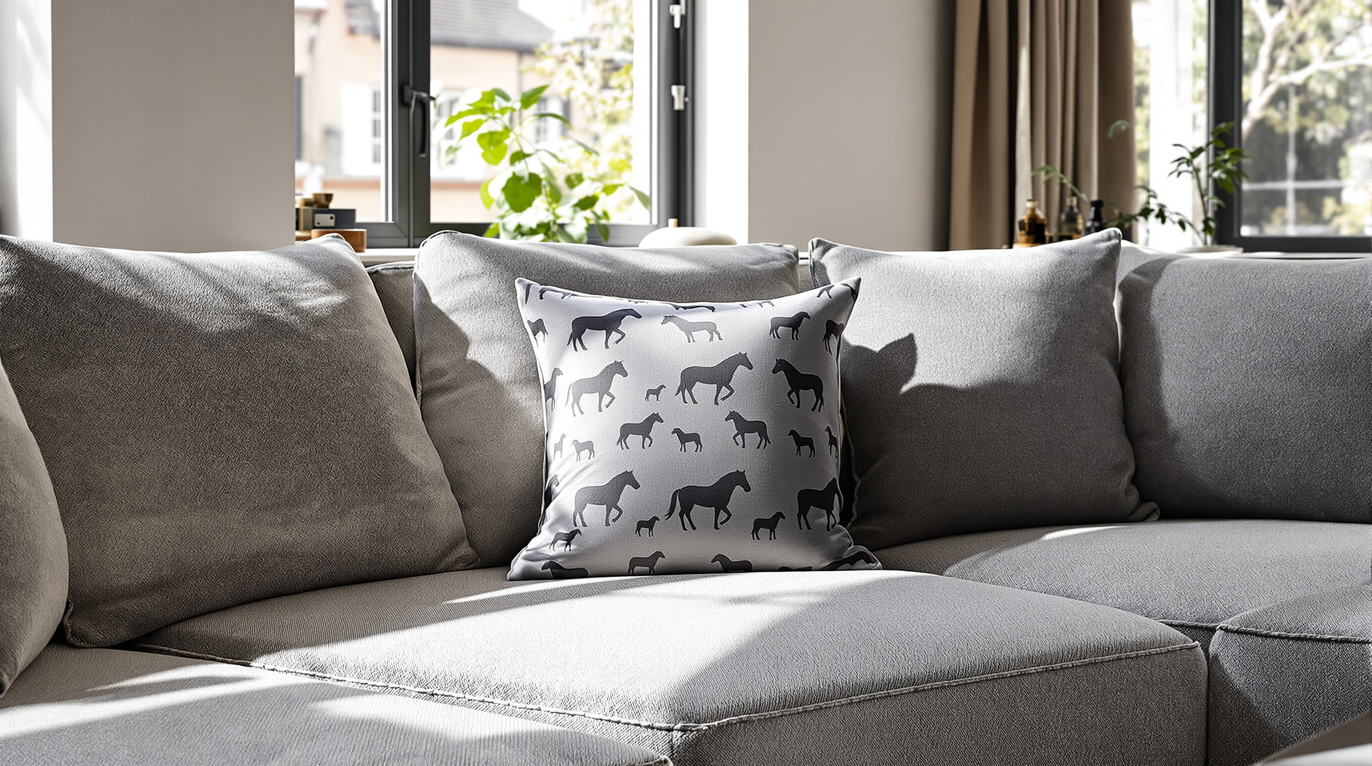 Un salon moderne et sobre où un unique coussin à motif cheval graphique est posé sur un canapé gris, démontrant comment intégrer le motif avec subtilité et élégance.
