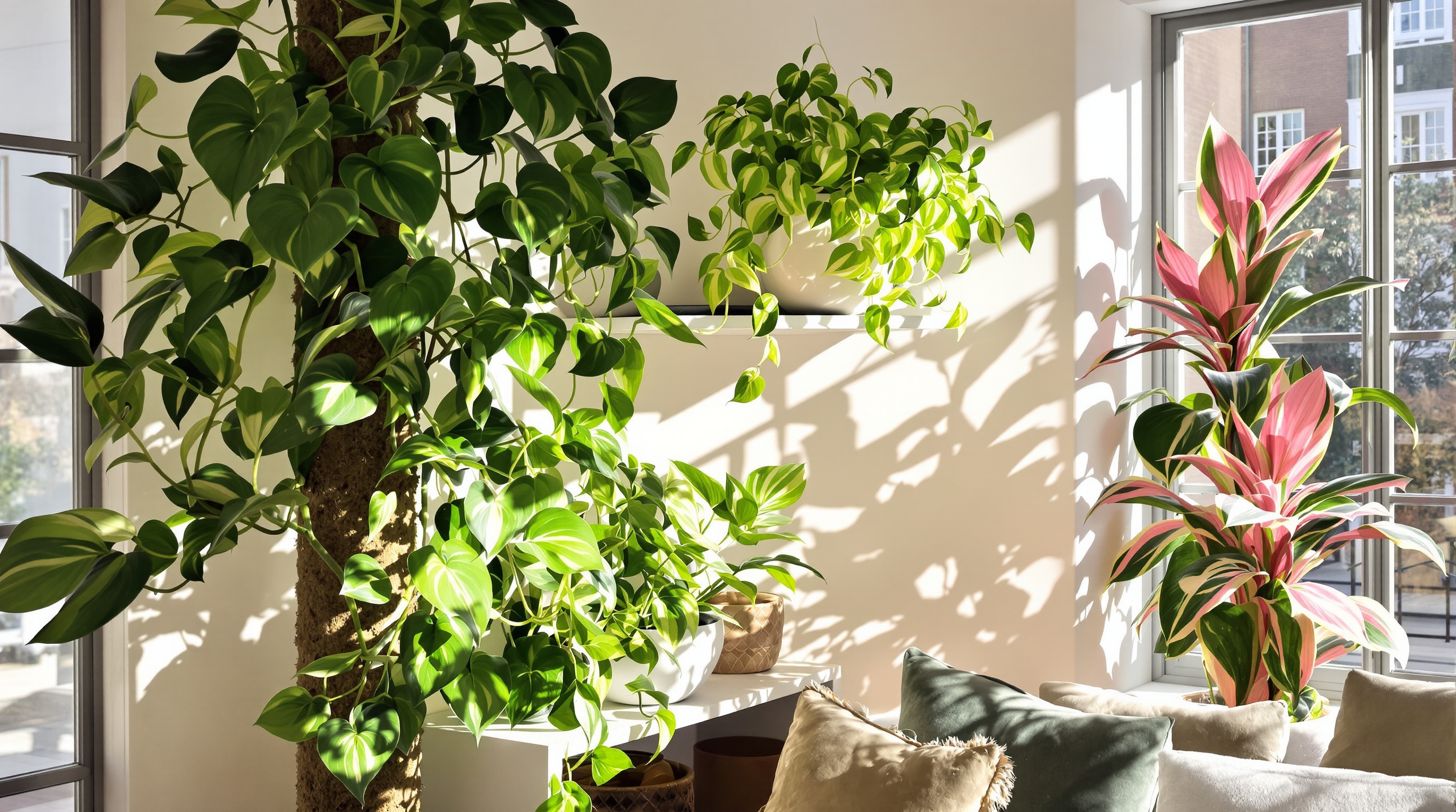 Trois styles de philodendrons dans un salon urbain moderne : scandens grimpant sur tuteur, Birkin compact sur étagère et Pink Princess près d'une fenêtre.