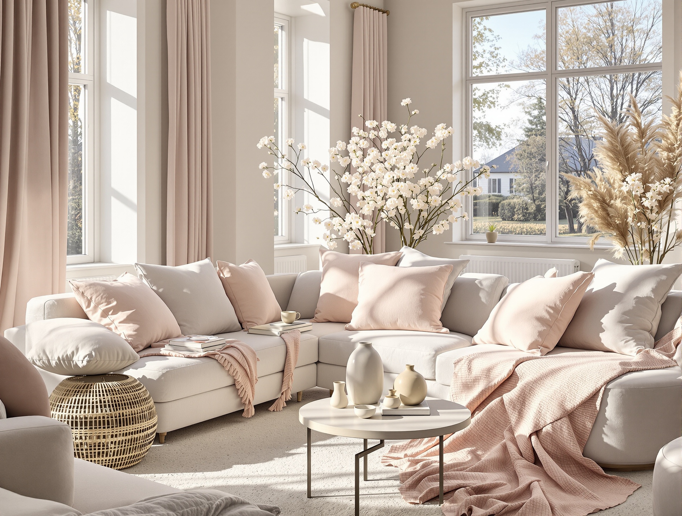 Salon moderne avec coussins et vase en rose poudré associé à mobilier gris clair et bois