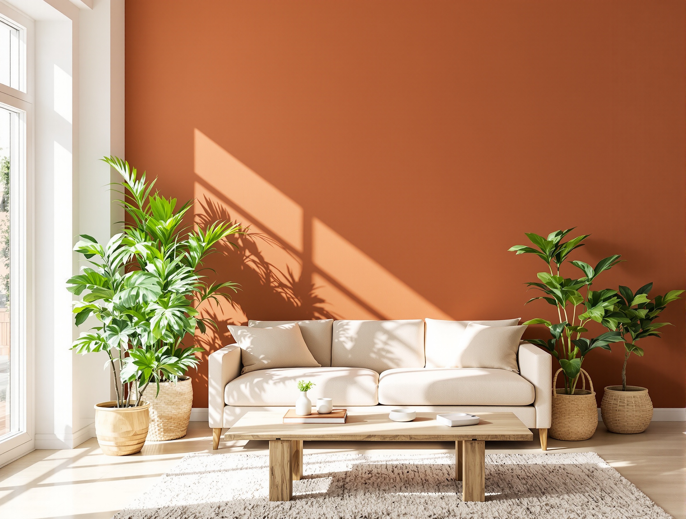 Mur d’accent terracotta dans un salon lumineux avec canapé beige et plantes vertes.