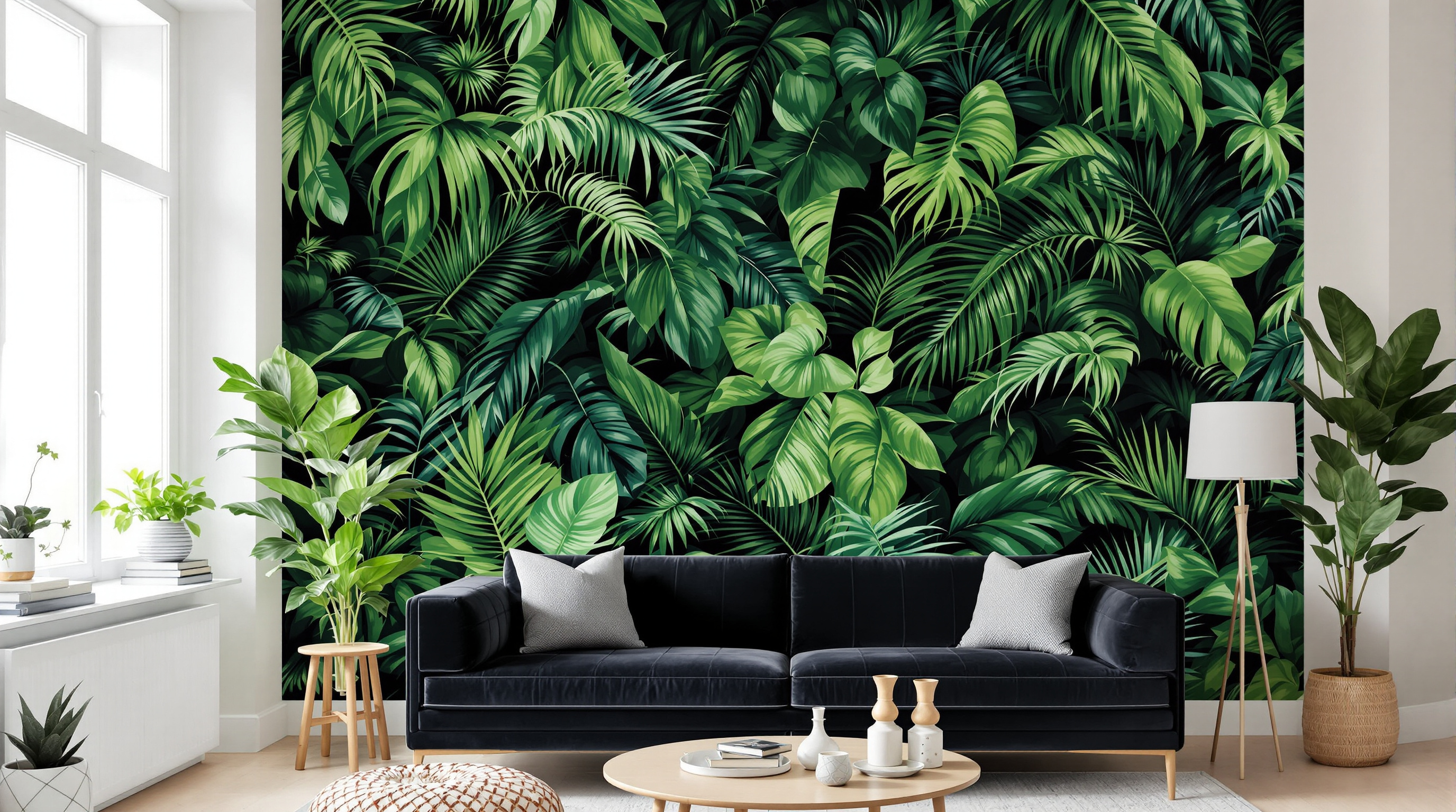 Mur panoramique jungle : salon avec grand papier peint végétal luxuriant