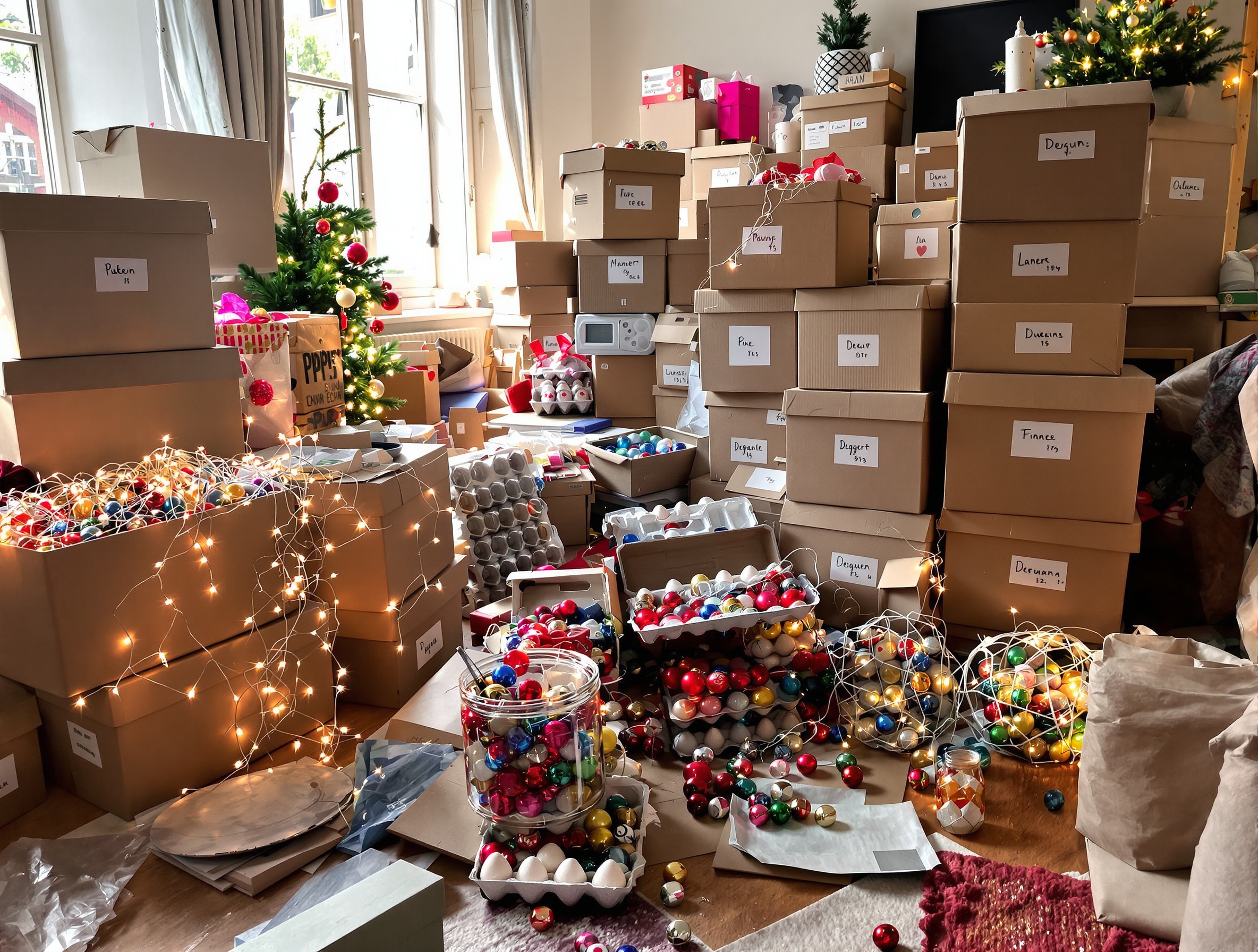 salon janvier boîtes rangement déco Noël étiquetées guirlandes carton boules boîte à œufs