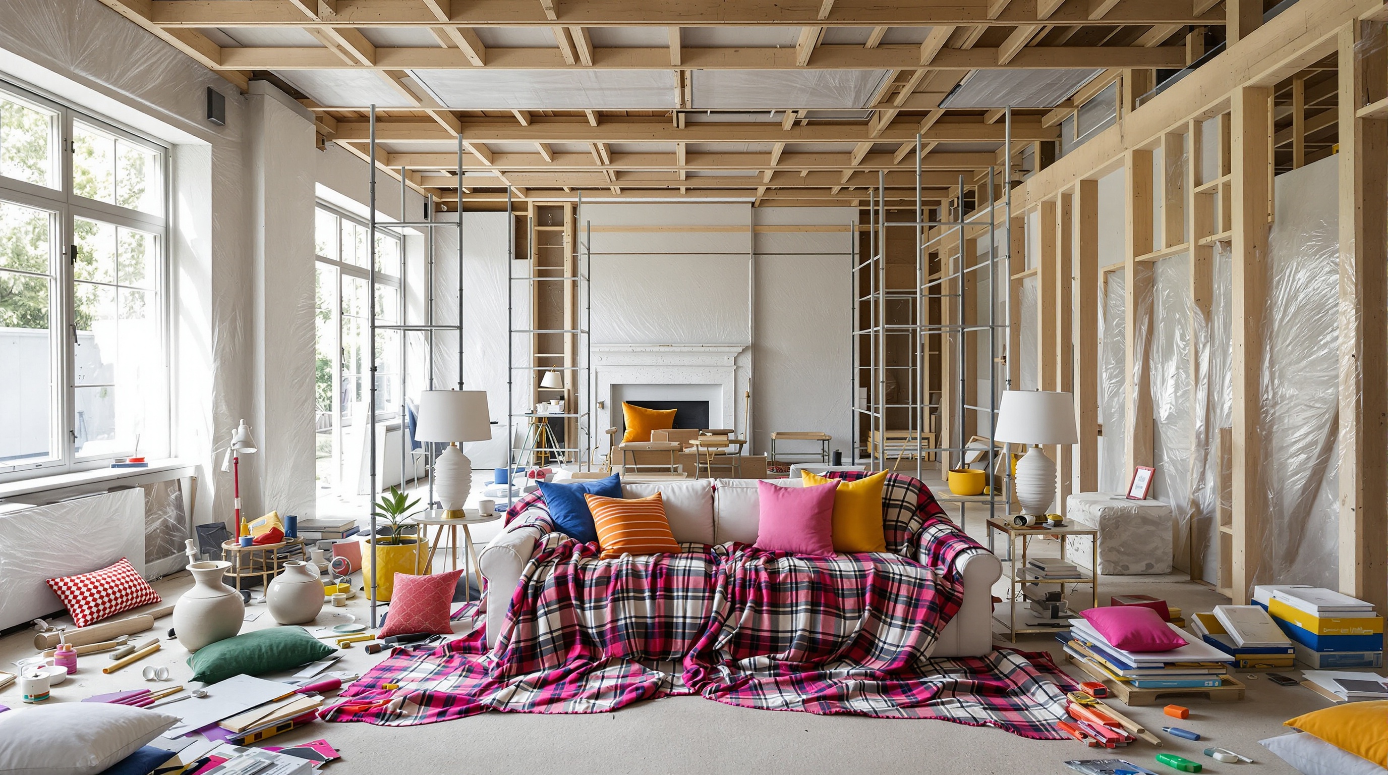 Salon en rénovation avec travaux apparents et éléments déco dépareillés