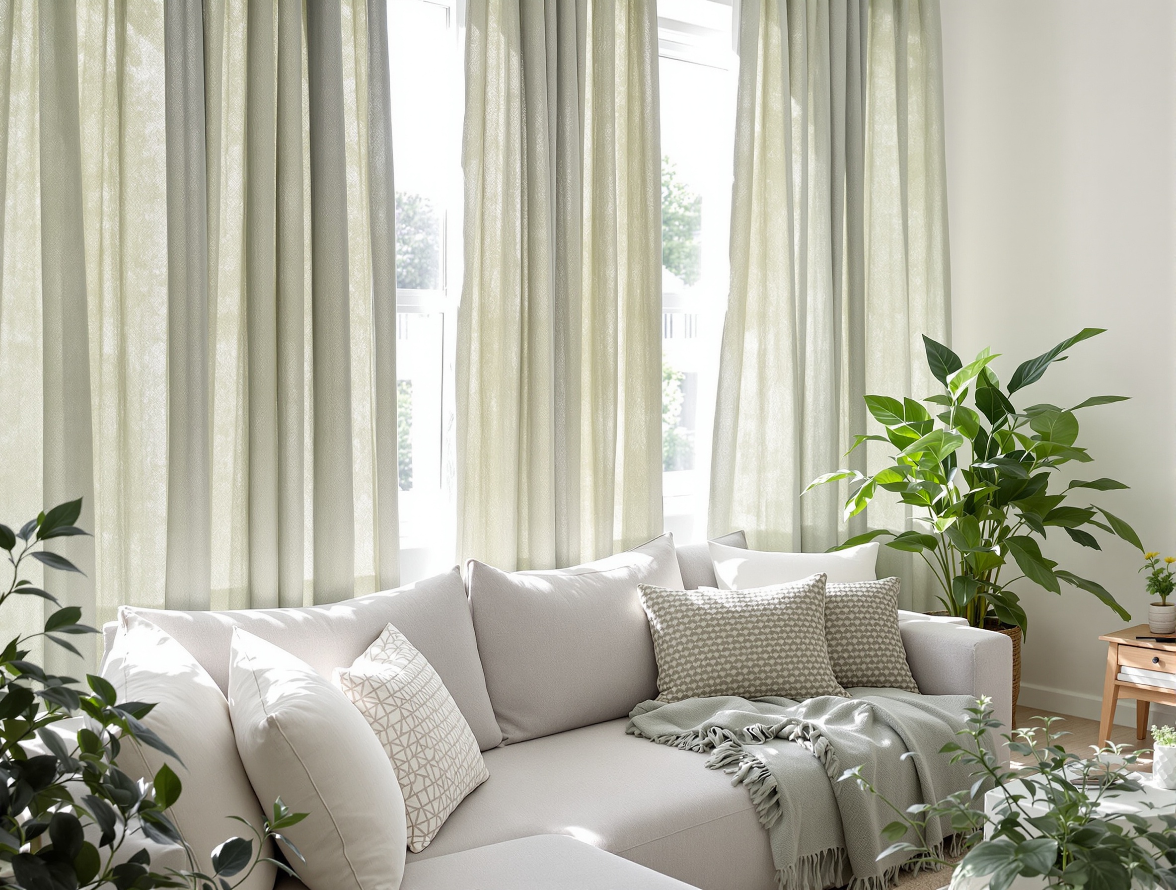 Salon scandinave avec des rideaux en lin vert sauge tombant avec élégance
