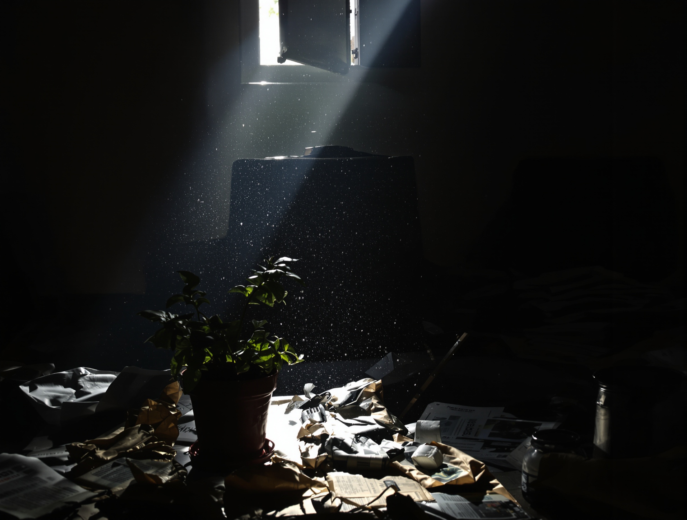 Salon sombre avec plante fanée et pile de journaux, rayon de soleil filtrant