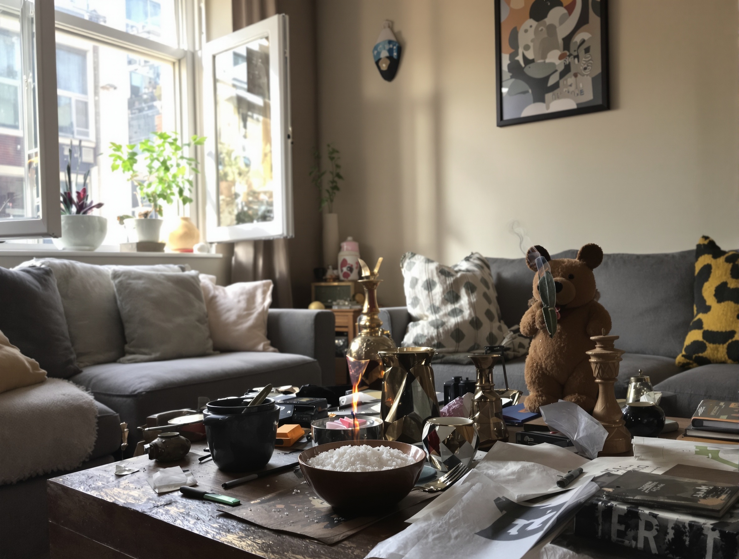 Salon urbain désordonné avec sauge, gros sel et fenêtre ouverte