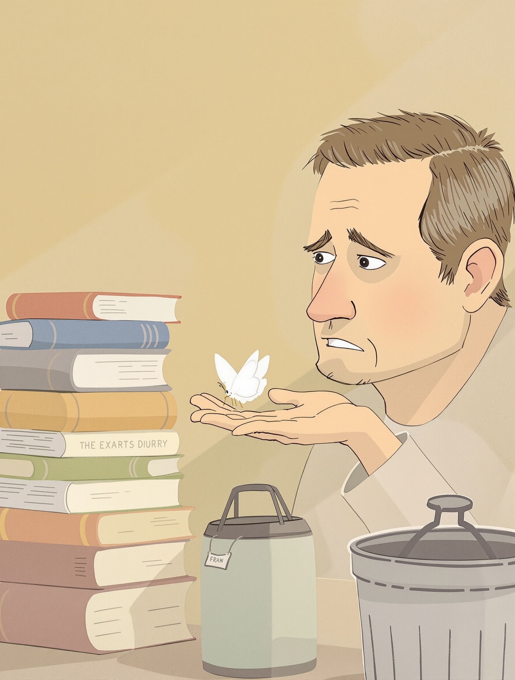 Une personne observe un papillon blanc, l’air émerveillé et dubitatif, entourée de livres ésotériques et d’une poubelle.