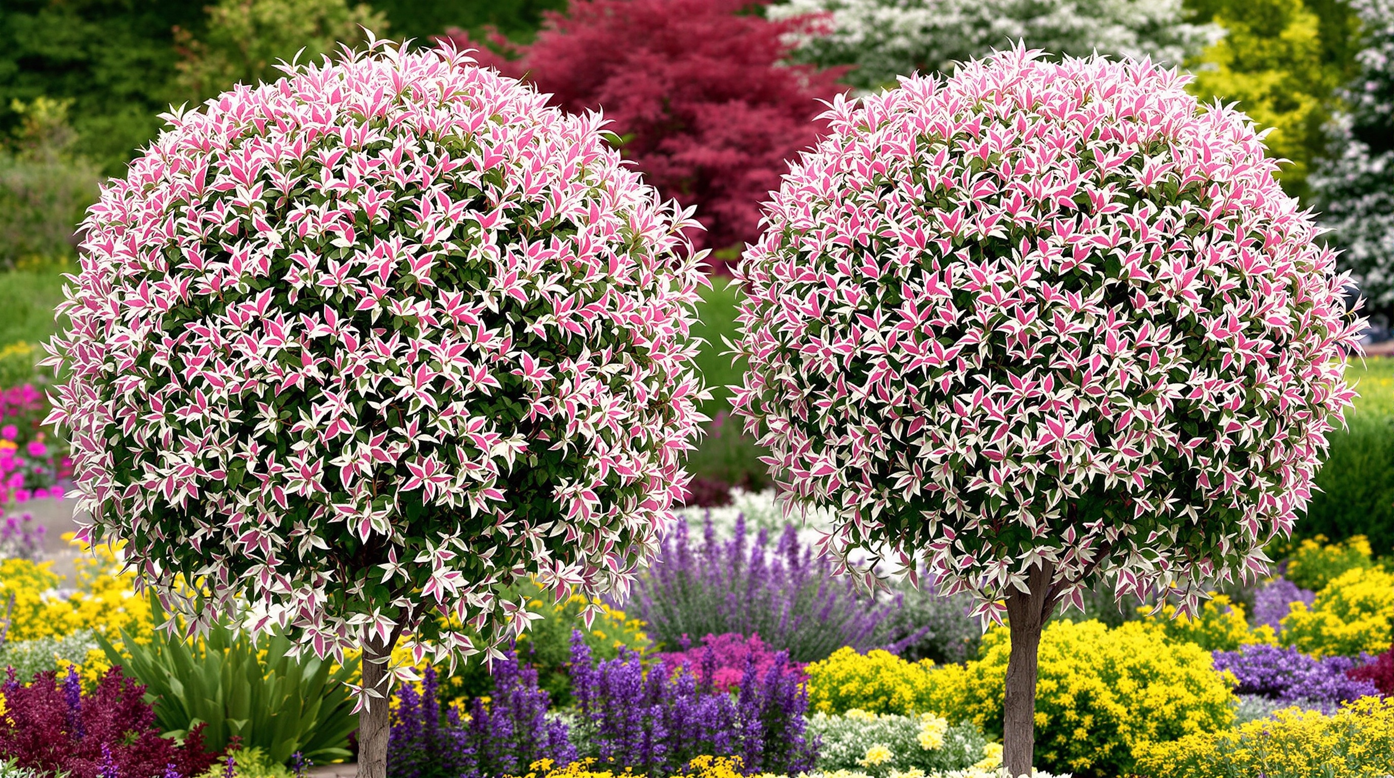 Deux variétés de saule crevette taillées, Hakuro Nishiki et Flamingo, dans un massif coloré