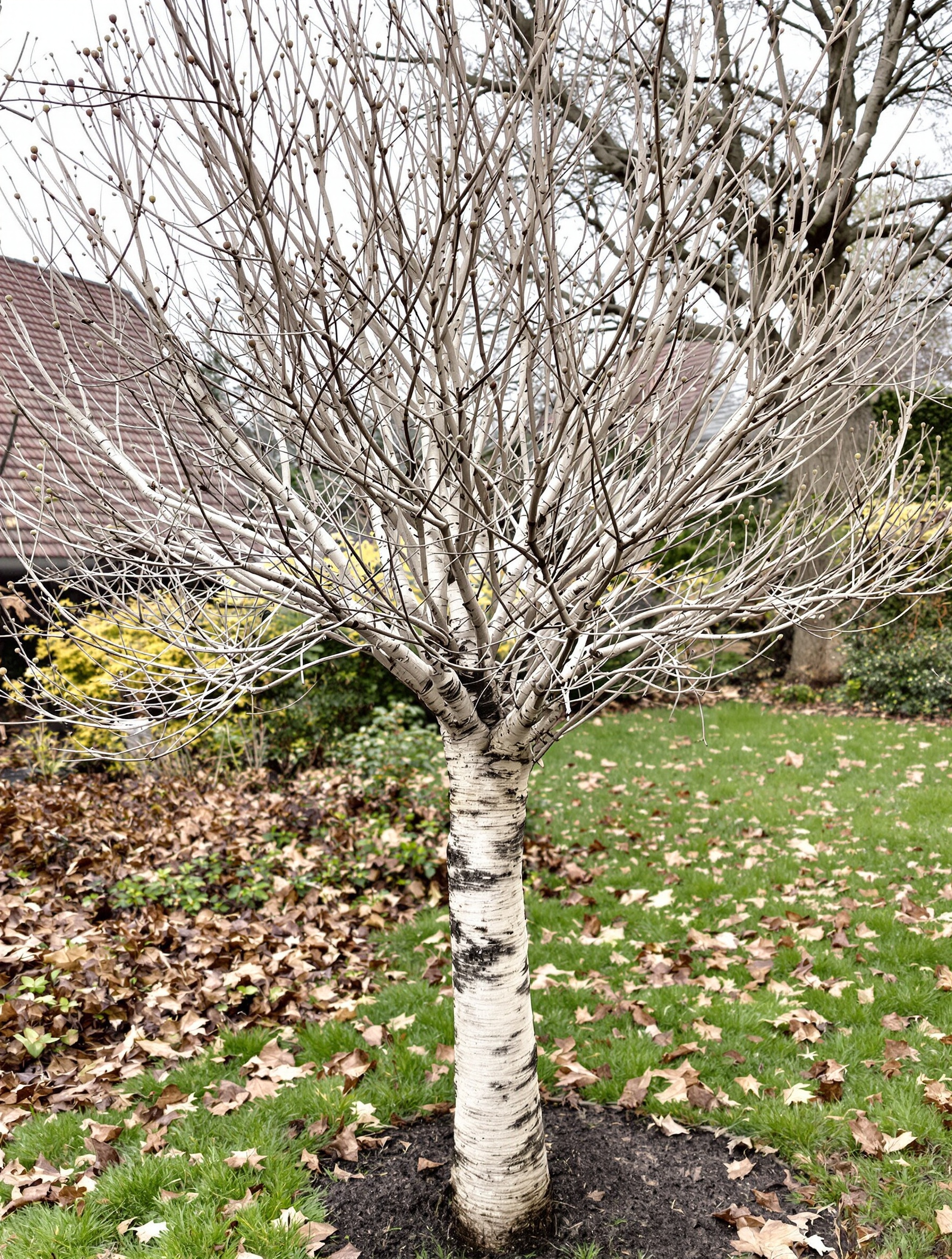 Illustration d'un saule crevette taillé en fin d'hiver, prêt à bourgeonner, dans un jardin en transition printanière