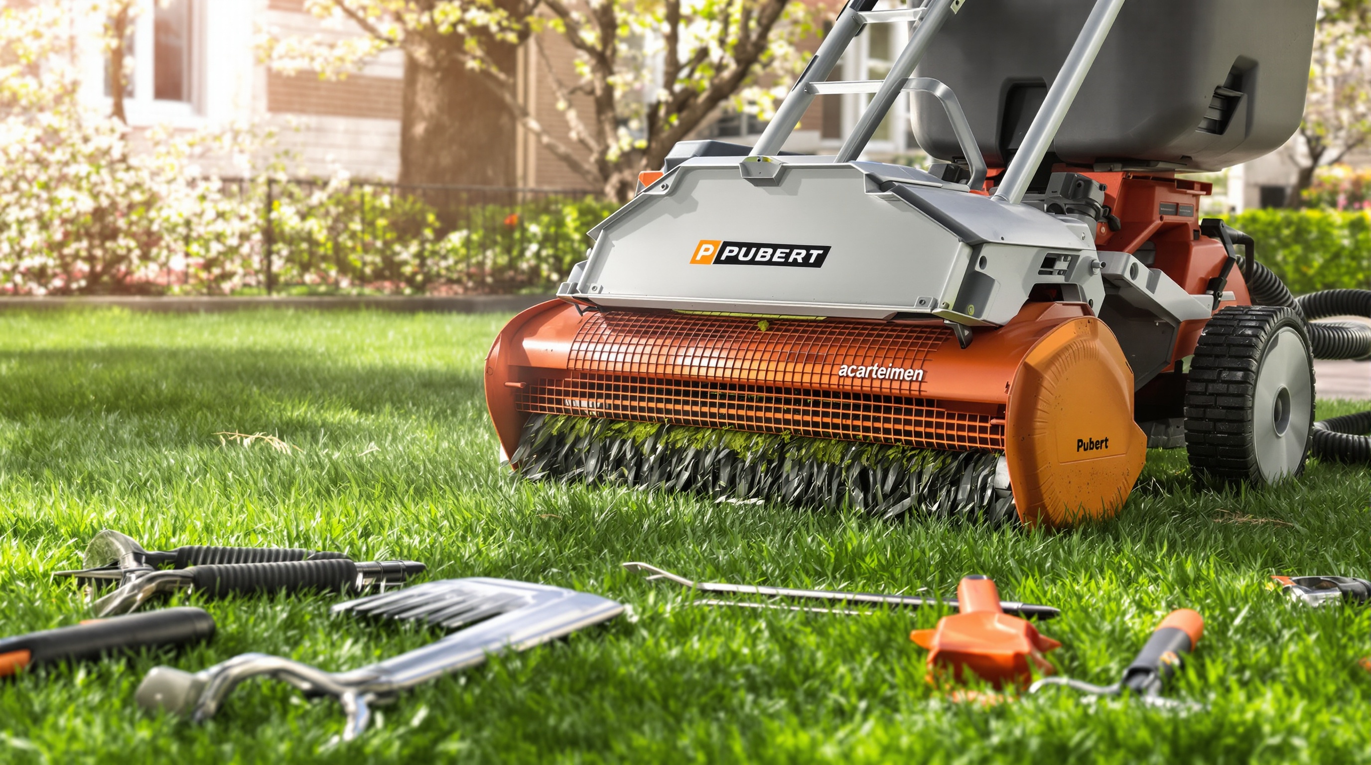 Scarificateur thermique Pubert en action sur pelouse urbaine feutrée