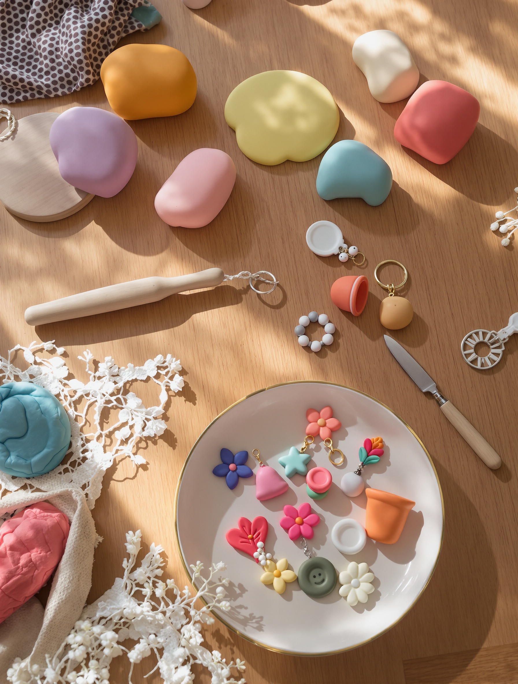 Création d'un objet déco en Fimo par un débutant sur une table en bois.
