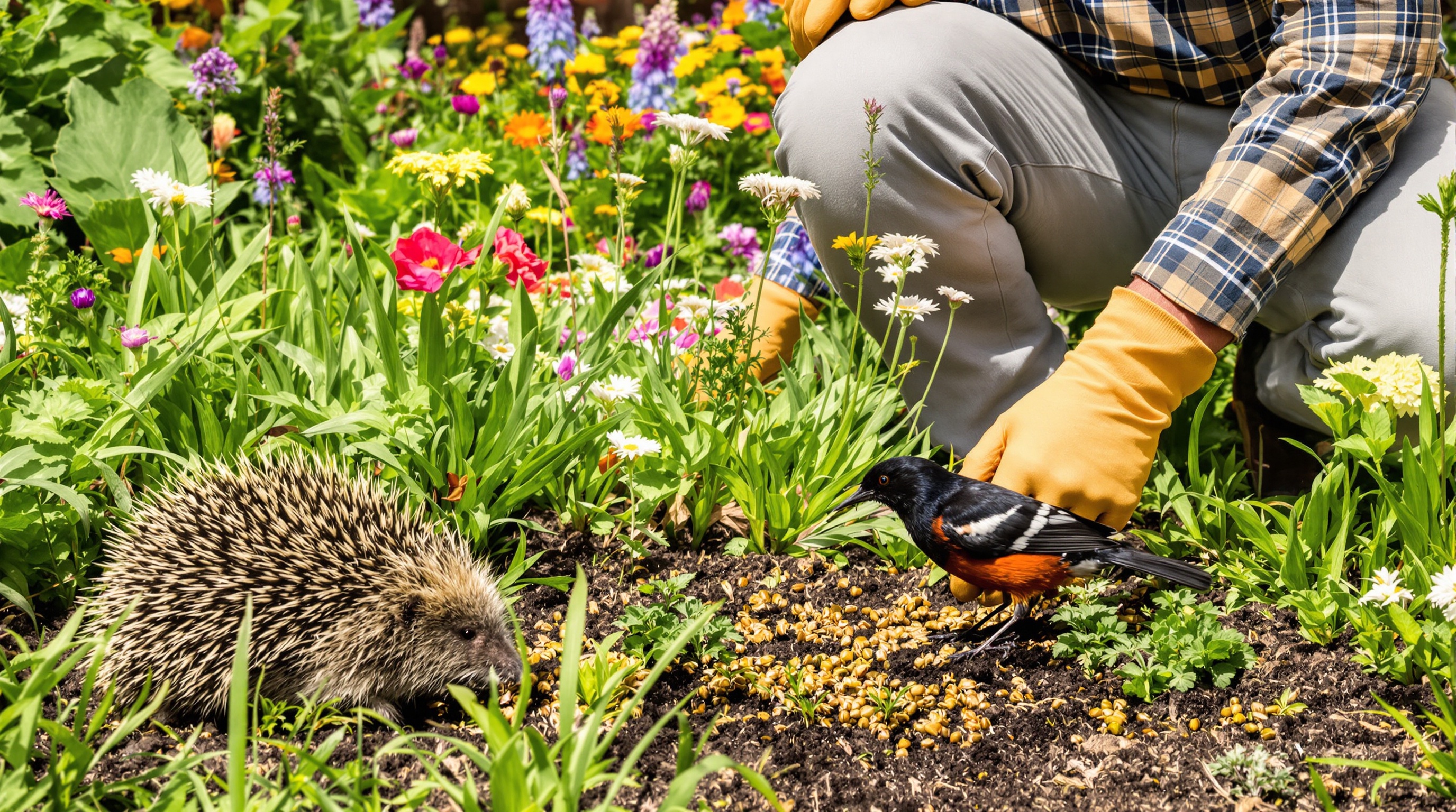 Jardinier ramassant des larves de hannetons à la main, observé par un hérisson et un merle
