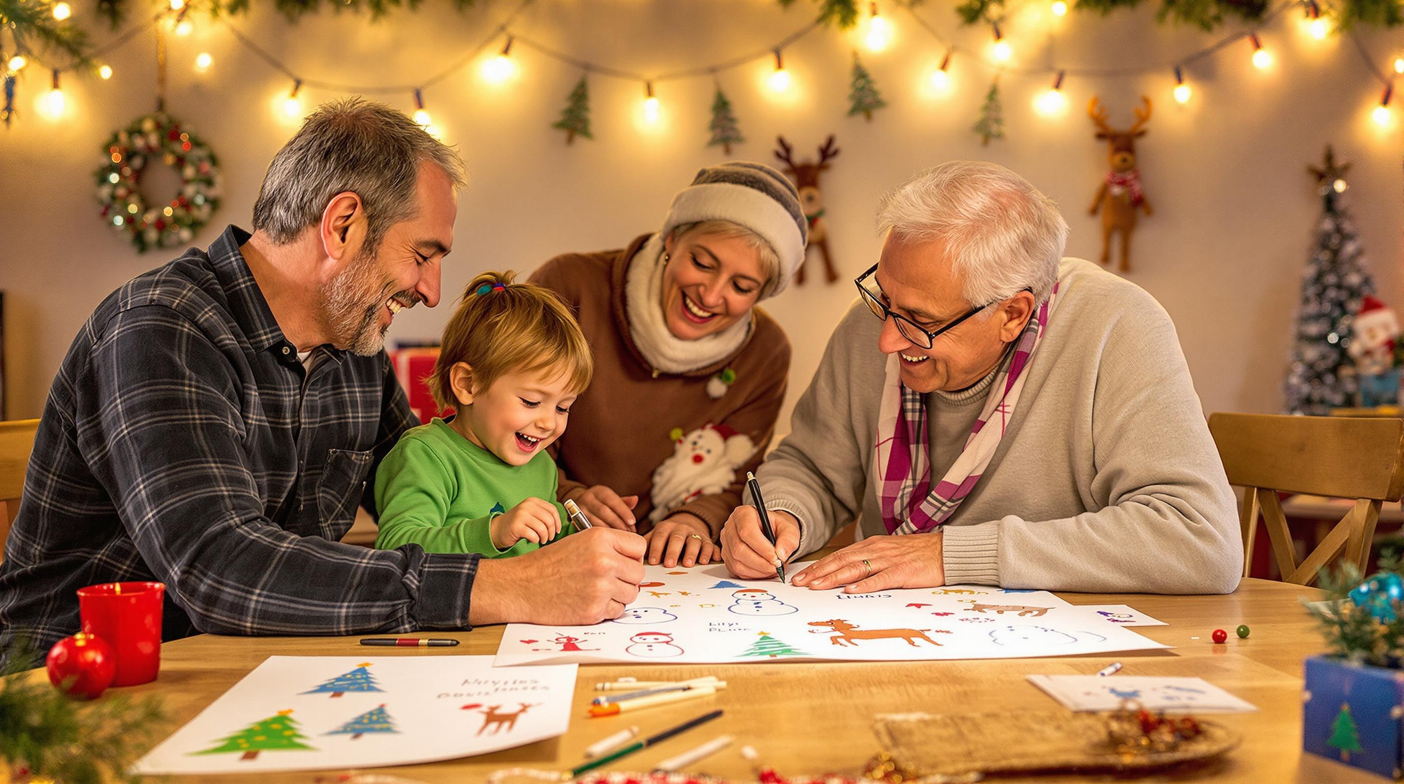 Famille dessinant ensemble à Noël