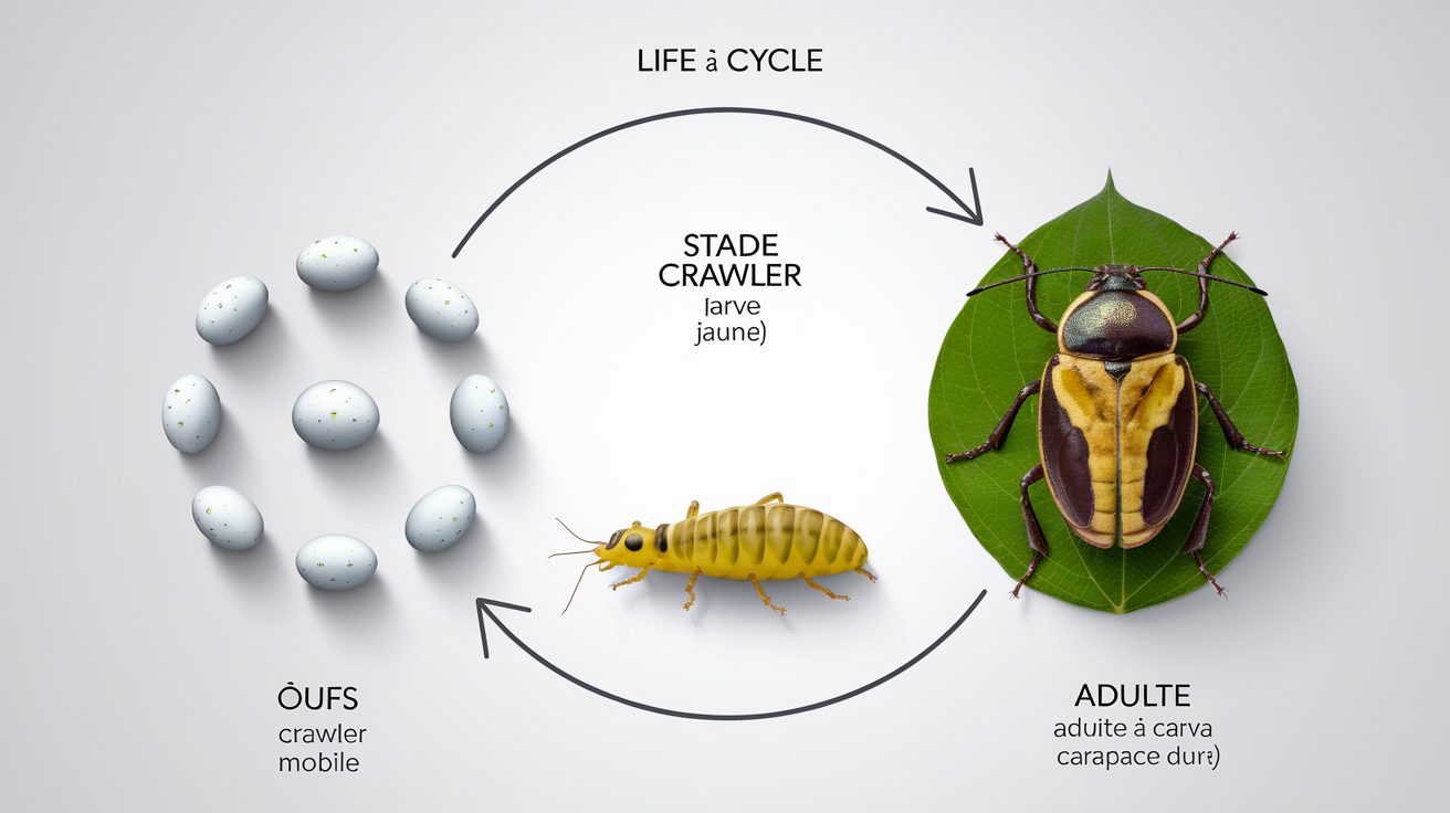 Cycle de vie d’une cochenille à coque : oeuf – larve mobile (crawler) – adulte sous carapace